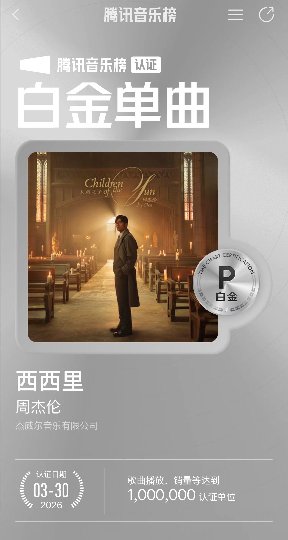 《西西里》和《淘金小镇》达到1,000,000认证单位，获得【腾讯音乐榜白金单曲