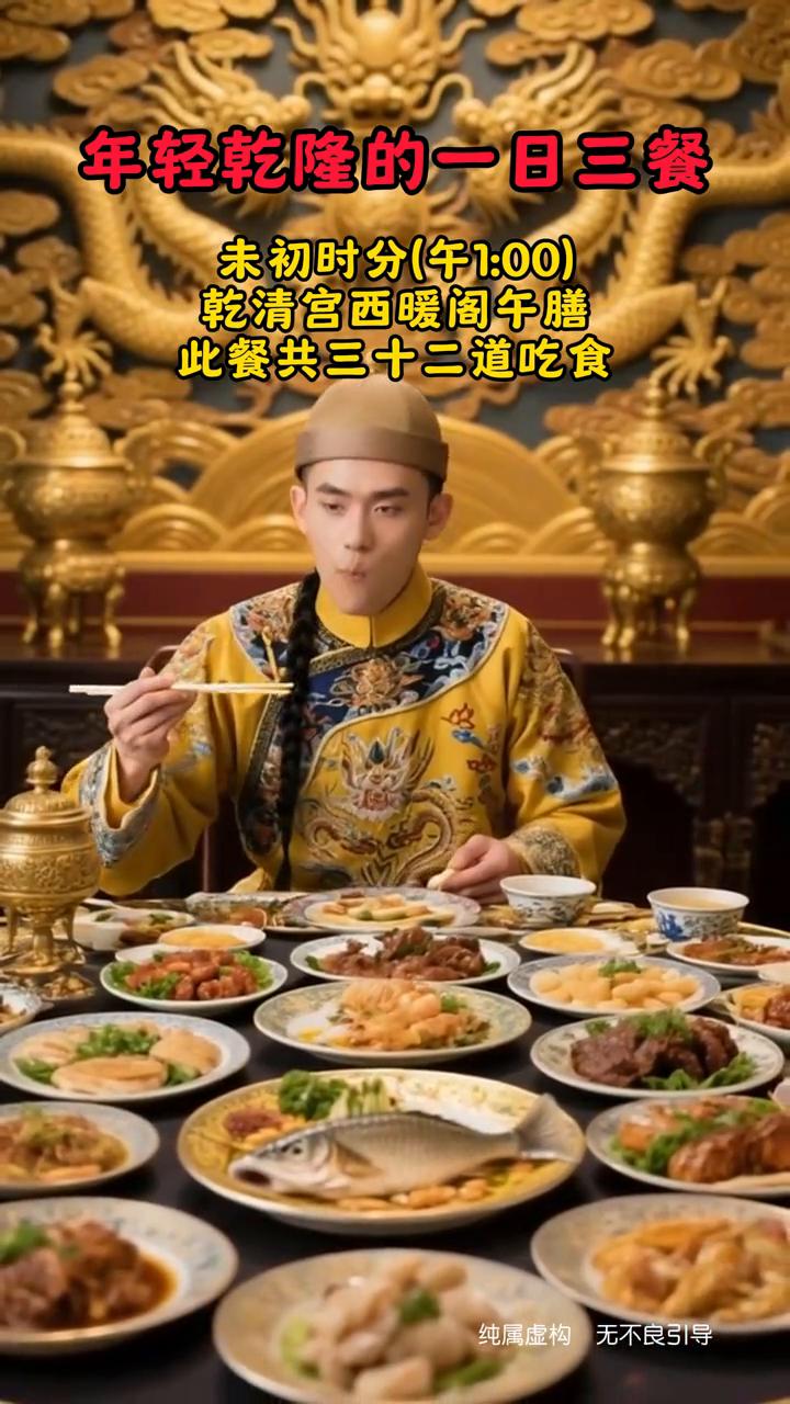 年轻乾隆的一日三餐。
·卯正二刻(早6：30)养心殿东暖阁早膳。此餐共三十二道吃
