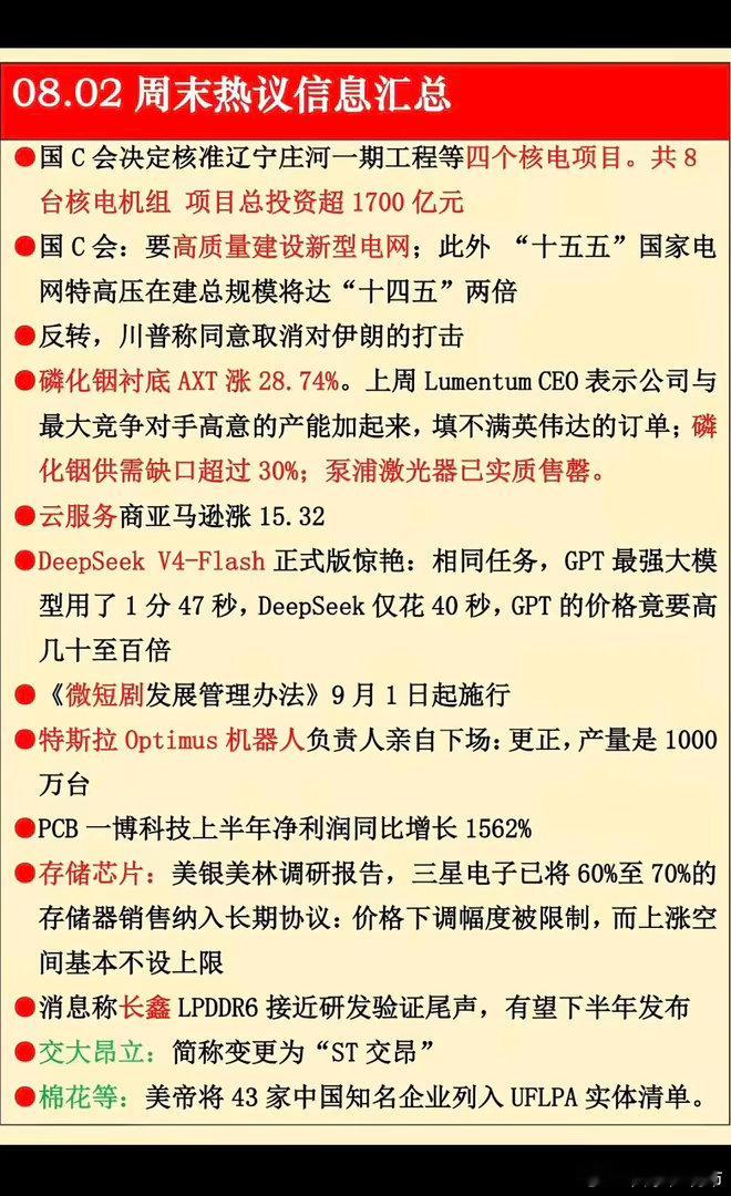 8.02周日  晚间：财经热点信息参考！1.核电核能2.磷化铟衬底3.云服务4.