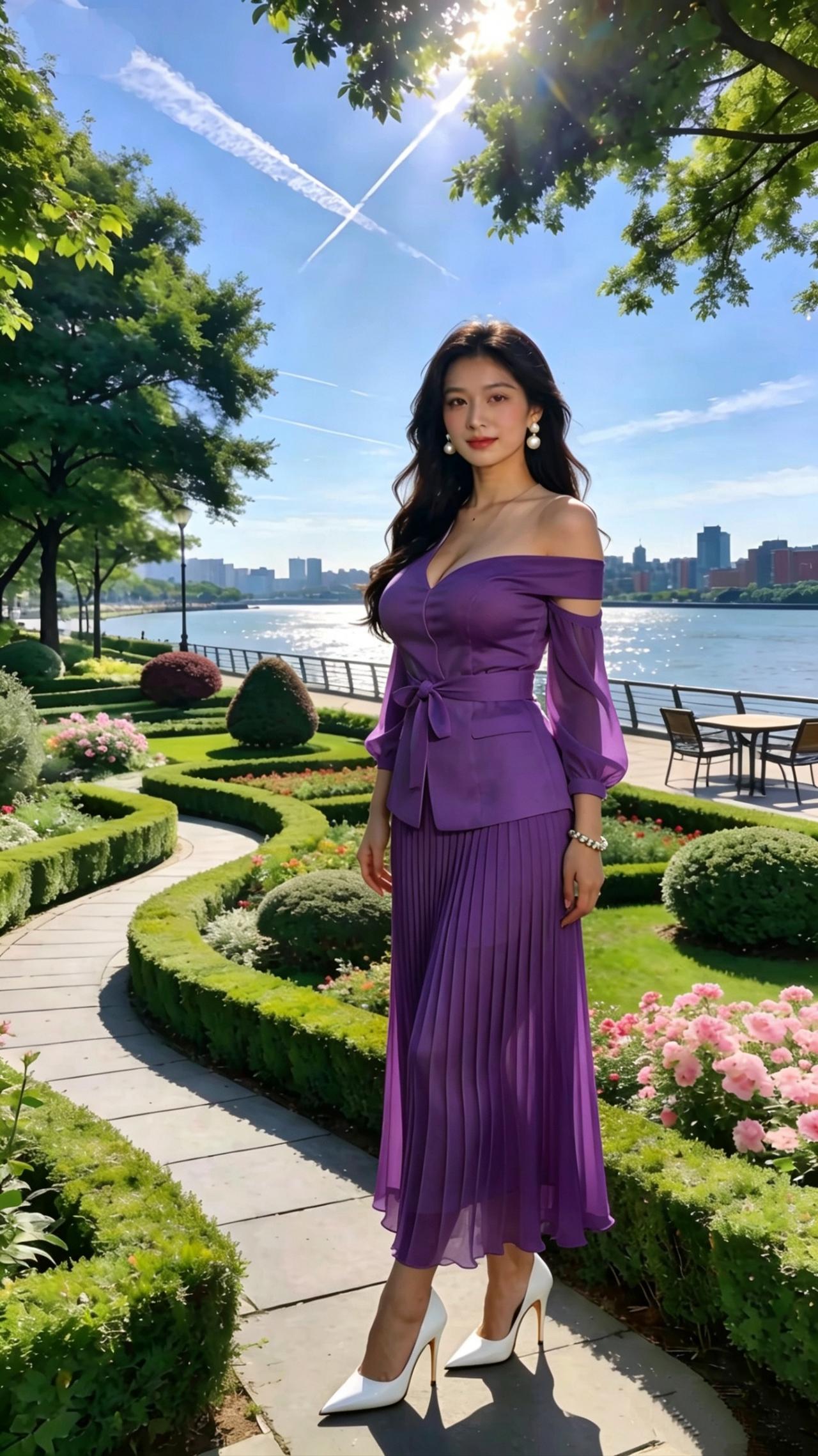 《紫裙与晴光》
 
晴光漫过河畔，
在水面撒下碎银，
你站在绿篱的尽头，
一身紫