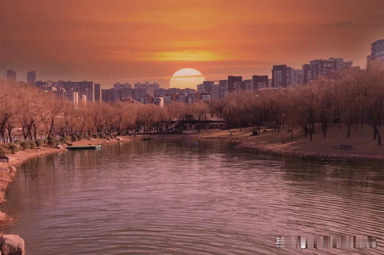 夕阳映照下的城市与河流，熔金般的夕阳将玻璃幕墙染成琥珀色，钢铁森林在粼粼波光中化