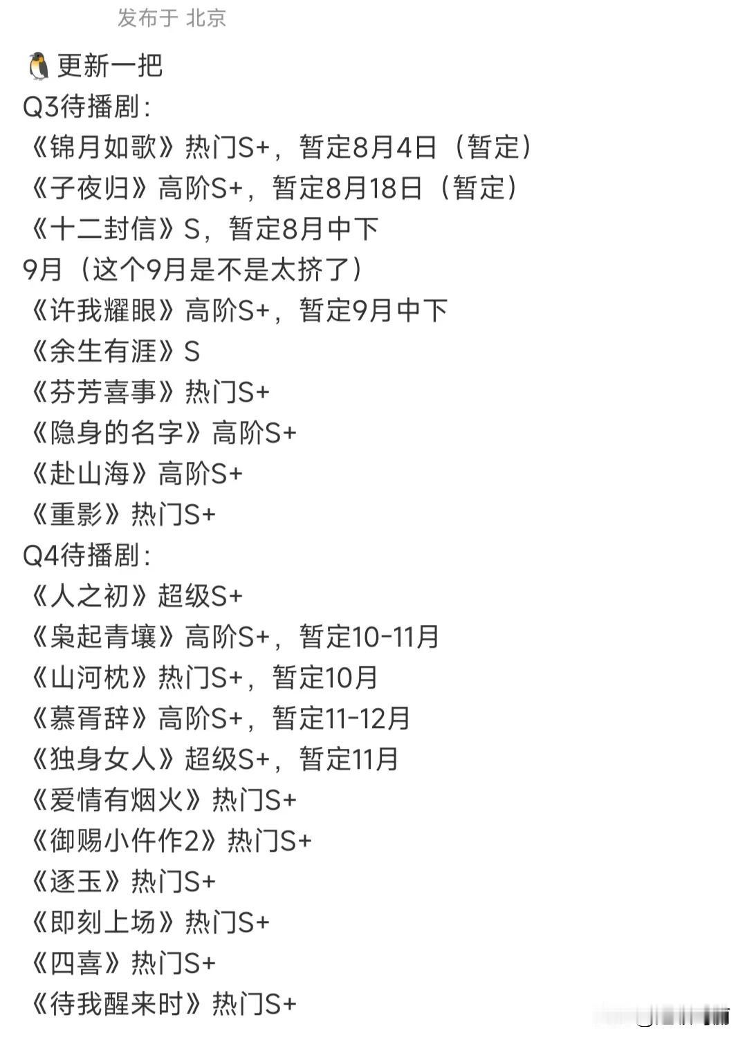 🐧第三、第四季度排播剧，有剧可以追了