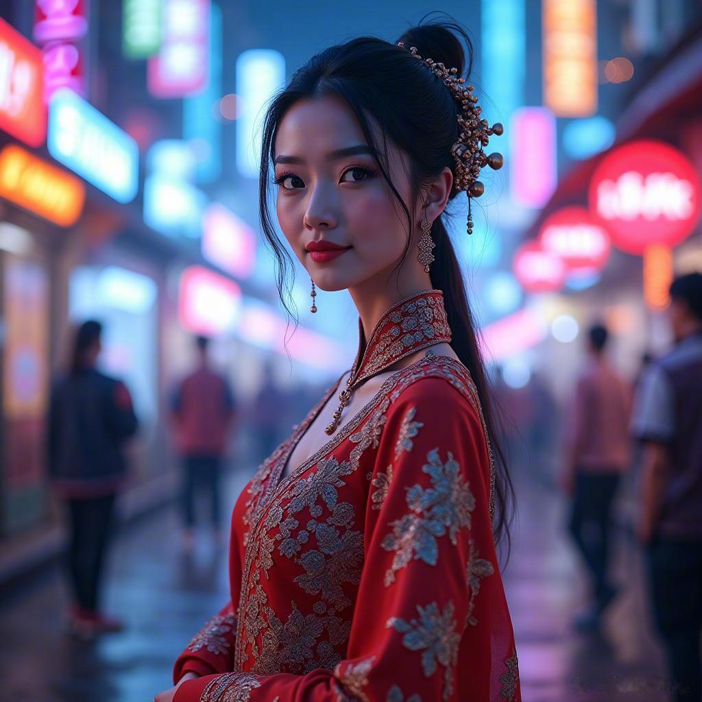 在时空交错的瞬间，古风与未来相遇。✨她的微笑如星光闪烁，仿佛在诉说着无尽的故事。