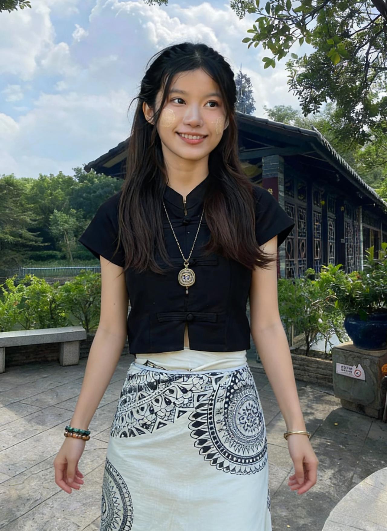 她的黑襟短衫，是裁了夜的一角
裹着东方的盘扣，扣住半阙古典的词
白底裙上的纹样，