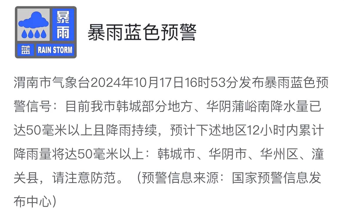 #天气预警# 渭南市气象台发布暴雨蓝色预警信号，请注意防范。#渭南天气#