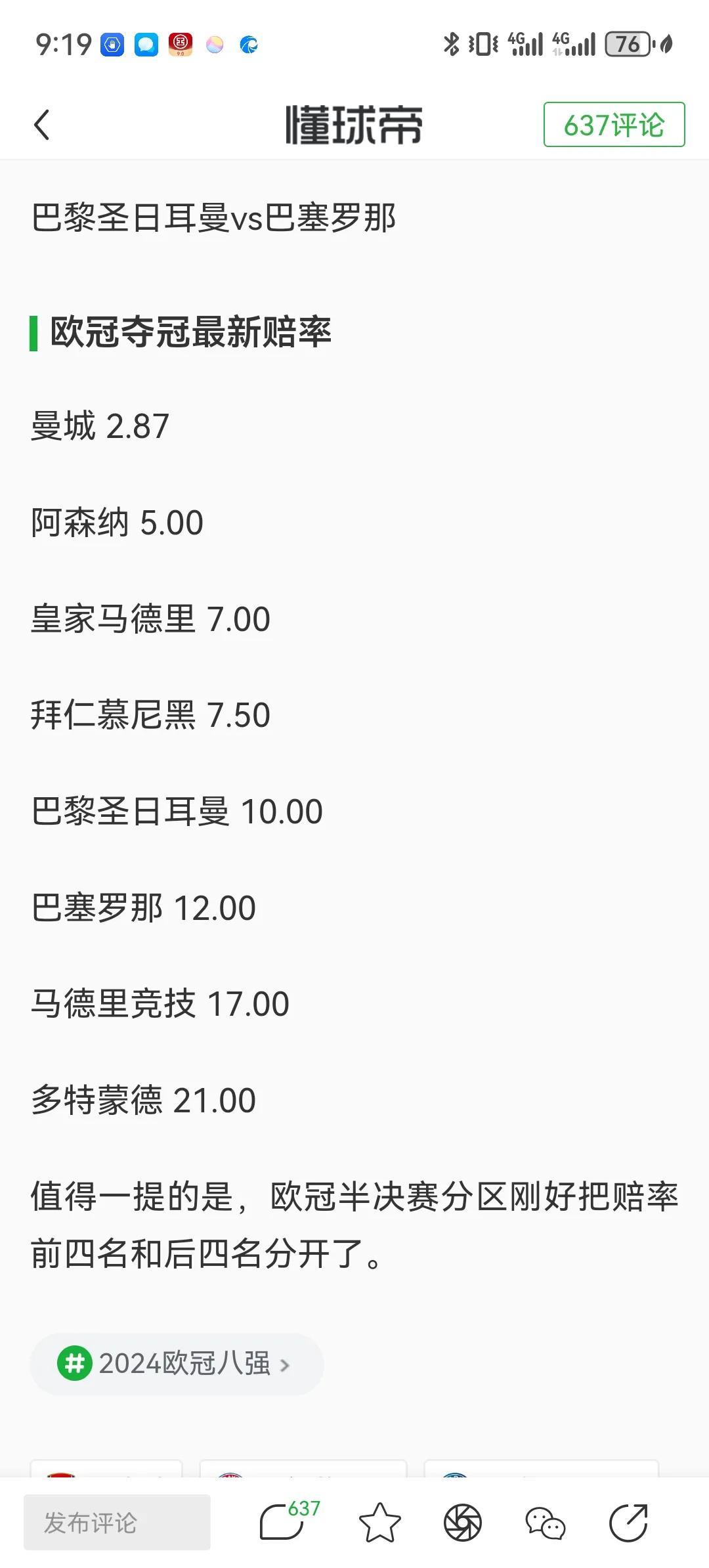 欧冠最新夺冠赔率，阿森纳居然第二这么高[捂脸]我是阿森纳球迷我都不敢这么想，抽完