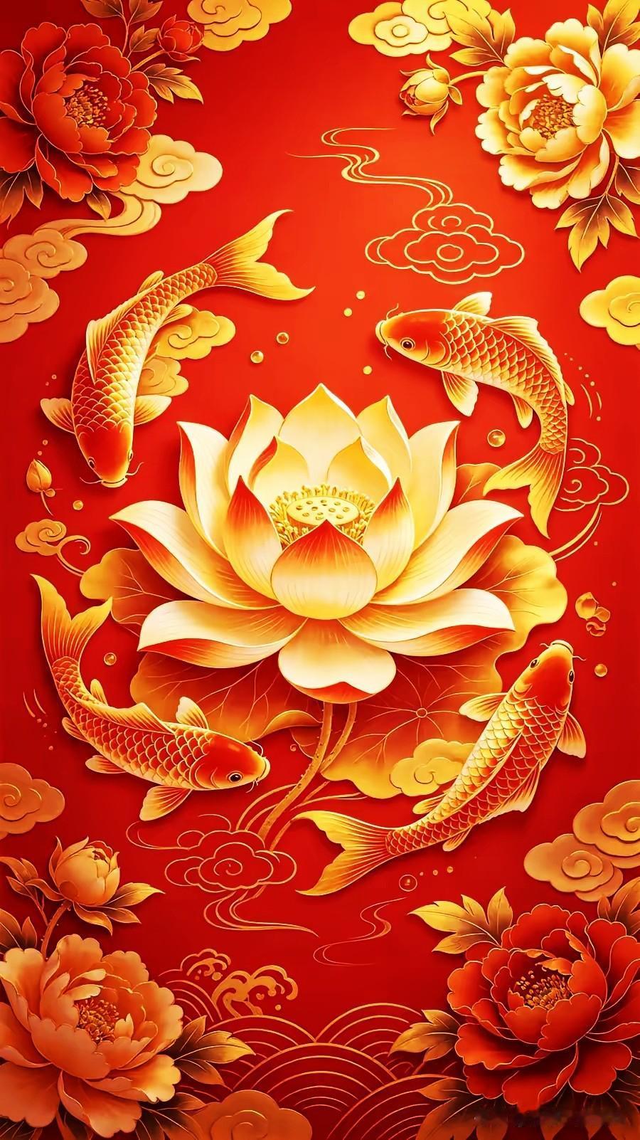 锦鲤畅游添富贵，
荷花绽放纳吉祥。