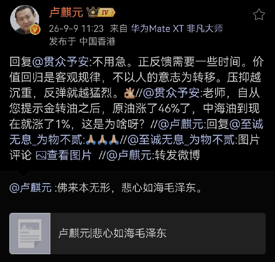 卢师回：不用急。正反馈需要一些时间。价值回归是客观规律，不以人的意志为转移。压抑