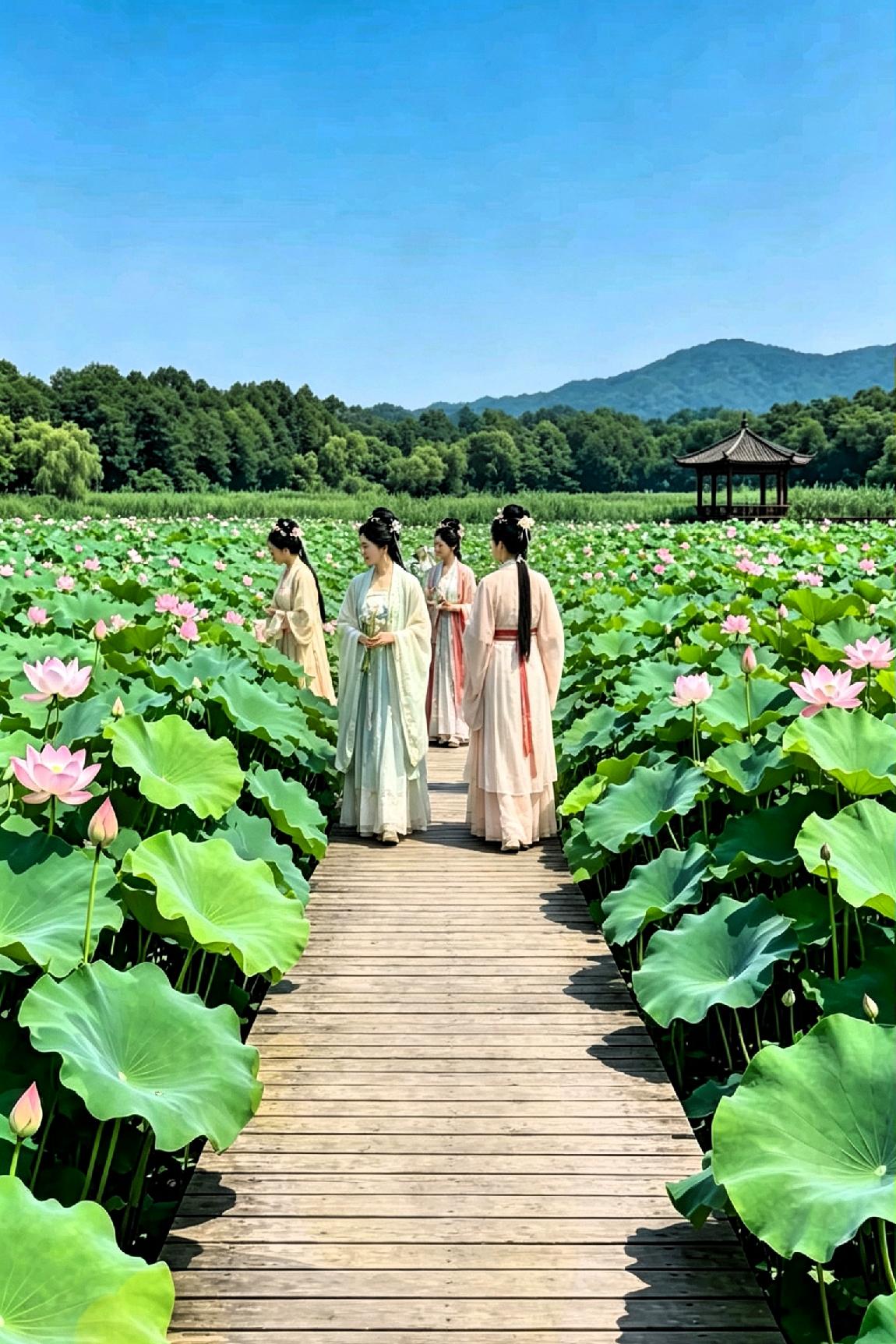 　　　　《观荷雅咏》

 
碧水澄塘绽素华，亭亭玉立映流霞。

翠盘叠翠凝清泫，