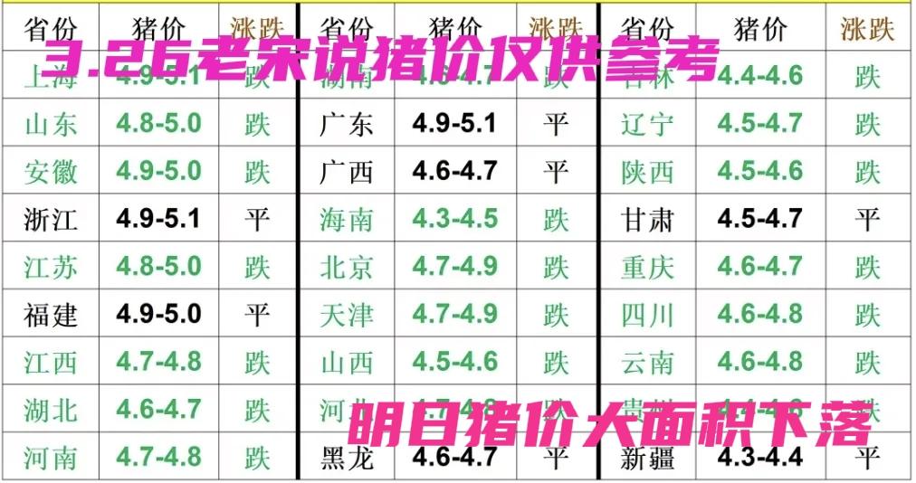 明日猪价继续大面积下落，猪价迎来寒冬，多地跌破5，继续下探，在这春暖花开的季节，