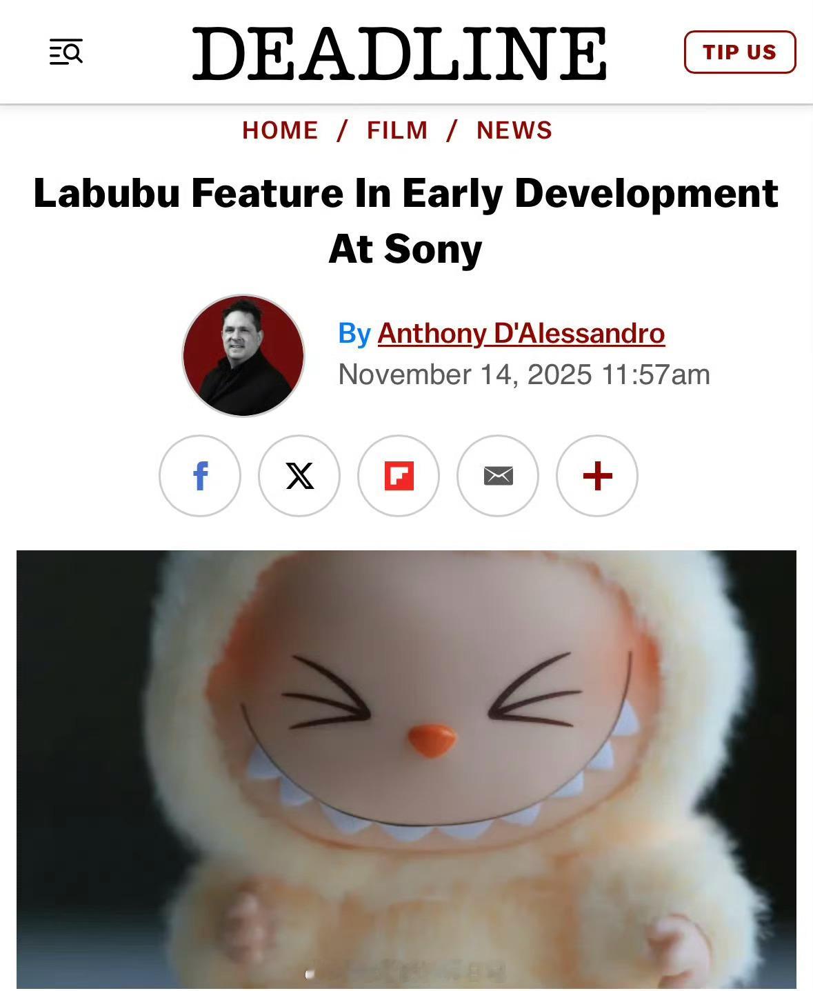 索尼sony影视拿到了labubu的影视改编权，即将开发labubu系列电影 