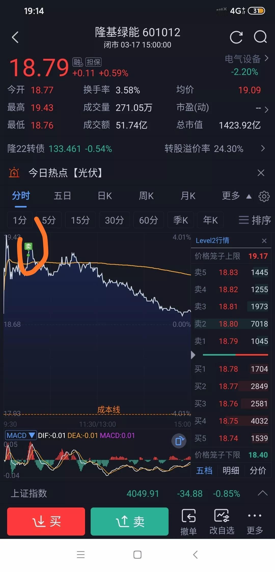 今天卖了隆基绿能。（今日操作如下图卖了隆基，买了拓维信息）倒不是不看好隆基，只是