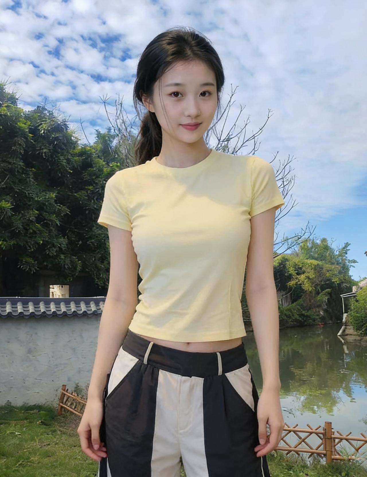 青空裁一片云絮落在肩头，黄衫洇着夏的温柔
黛瓦流水绕着身后的巷口，眸光轻扬，撞碎