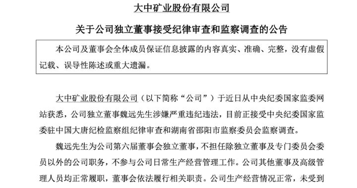 涉嫌严重违纪违法，大中矿业独立董事魏远被查