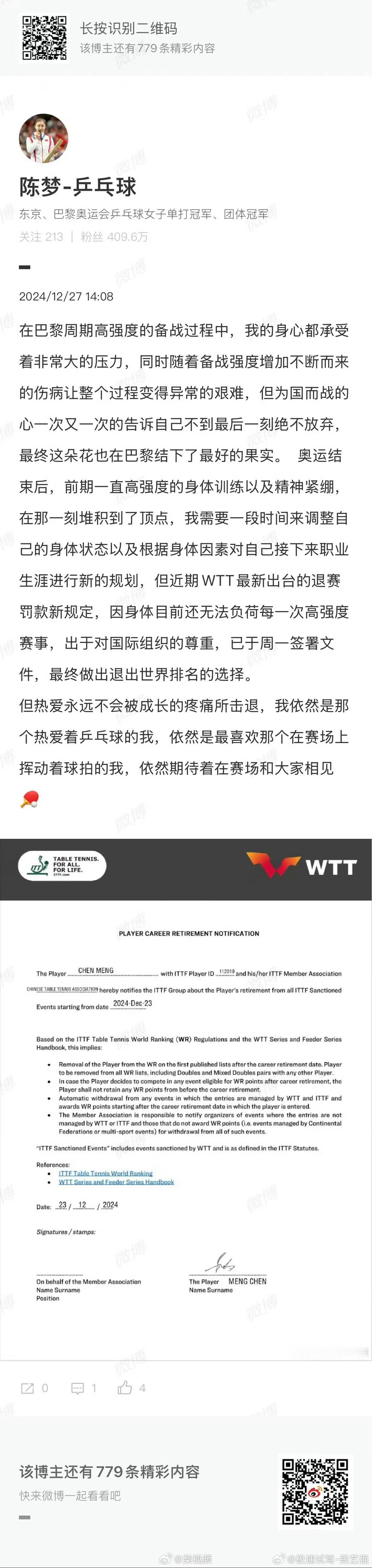陈梦宣布退出世界排名 尊重 理解 支持！希望再拿几块金牌，然后跟小胖双打[赞][