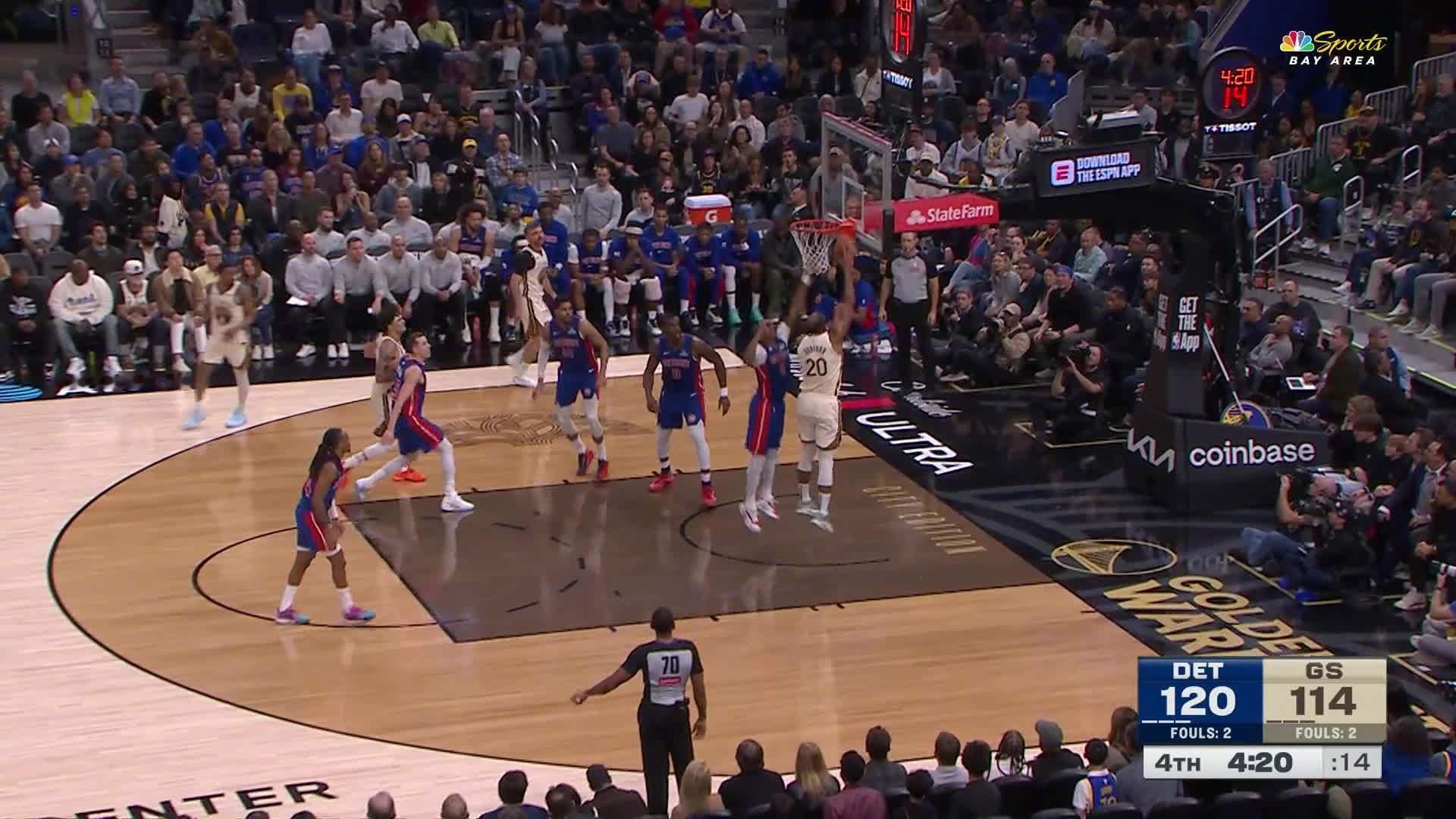 霍福德篮下得分✌️第四节剩下3:52，勇士116:122活塞；活塞vs勇士