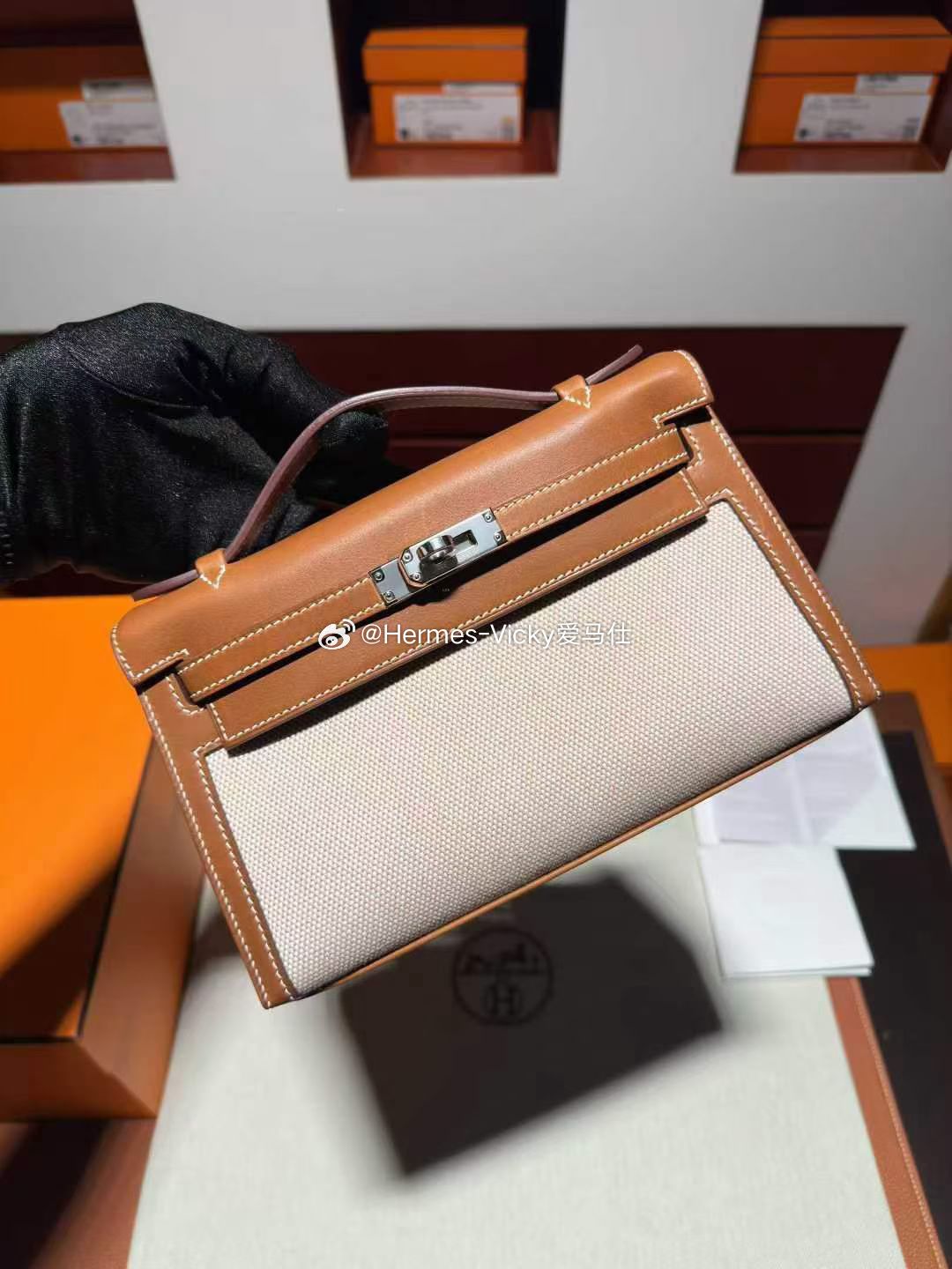 Mini Kelly 一代 22cm Barenia马鞍皮拼帆布 金棕 银扣 马