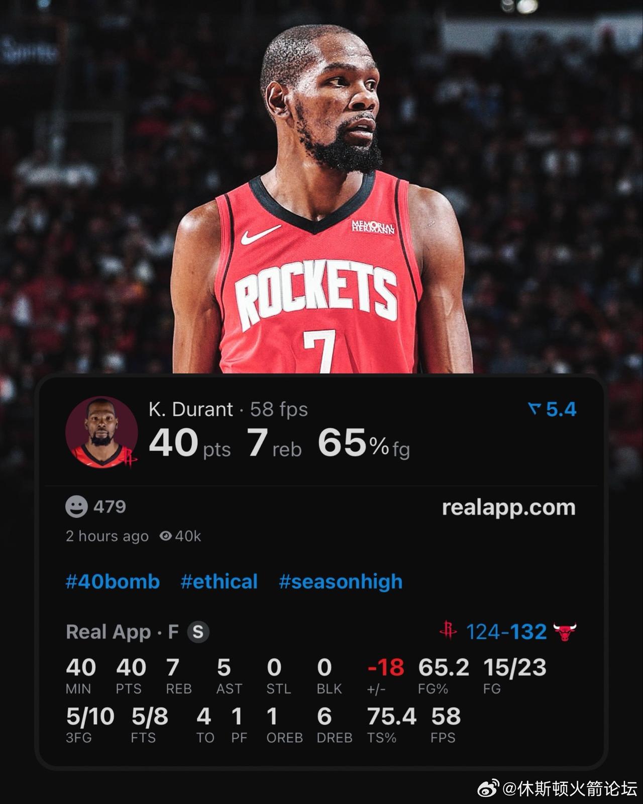 杜兰特今天又打了40分钟！
最老的他打了最长的时间，全场23投15中，其中三分球