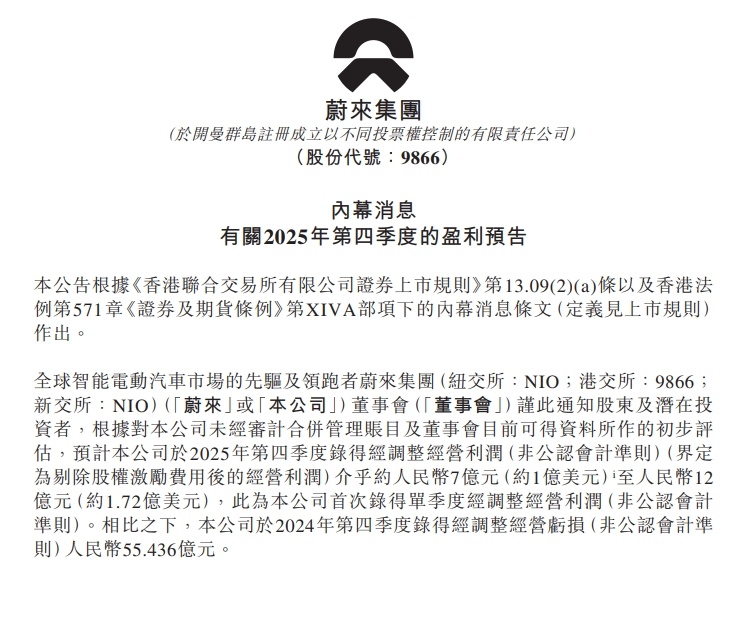 恭喜蔚来👏蔚来发布2025年第四季度盈利预告，预计本公司于2025年第四季度录