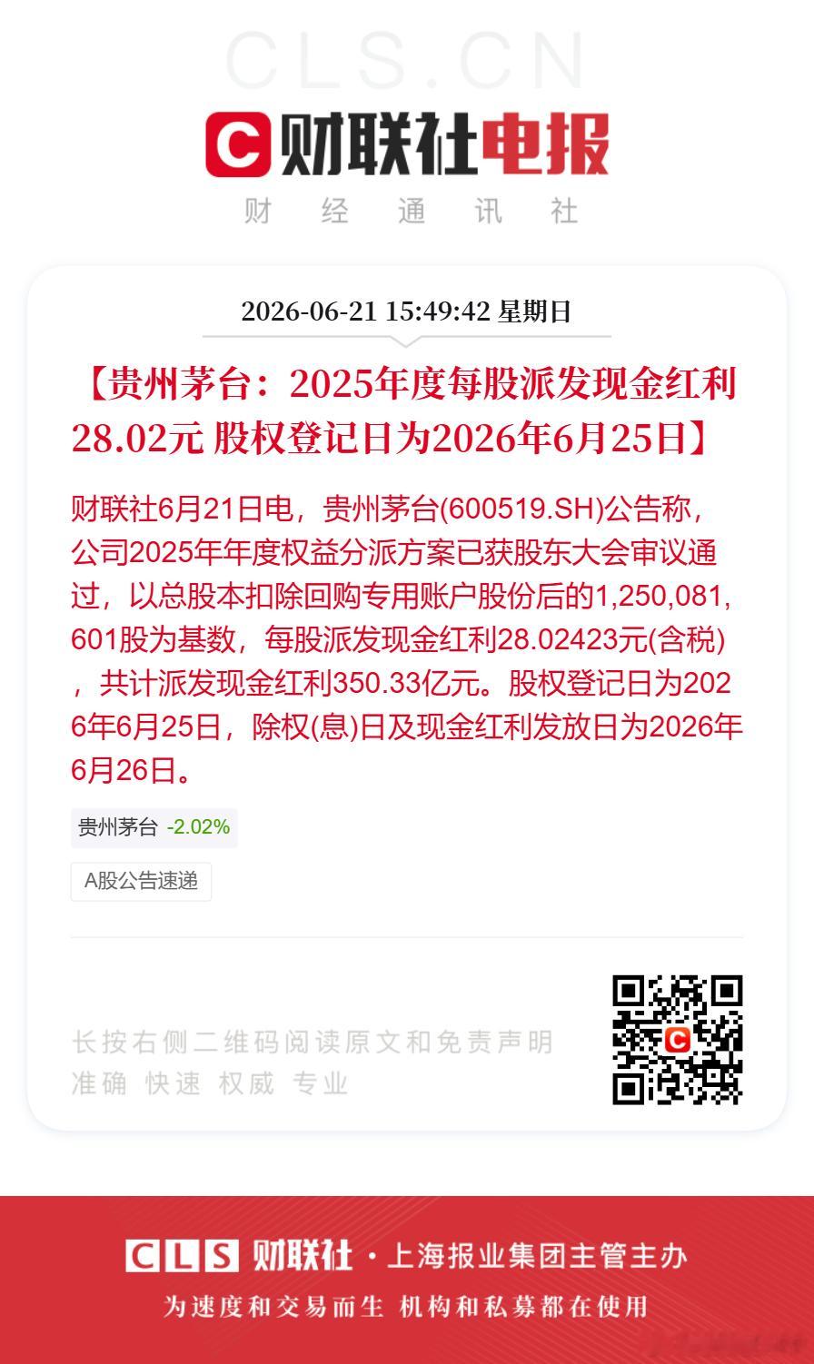 【贵州茅台：2025年度每股派发现金红利28.02元 股权登记日为2026年6月