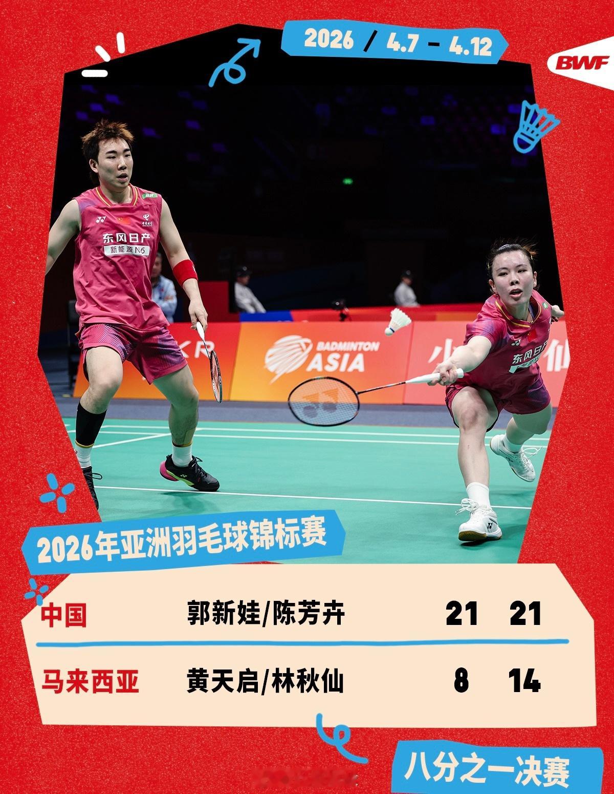 芳新组合晋级亚锦赛8强中国羽毛球队 2026亚洲羽毛球锦标赛混双16强赛郭新娃/
