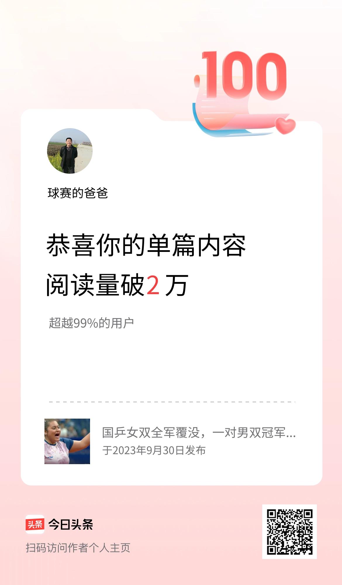 单篇内容获得阅读量破2万啦！
