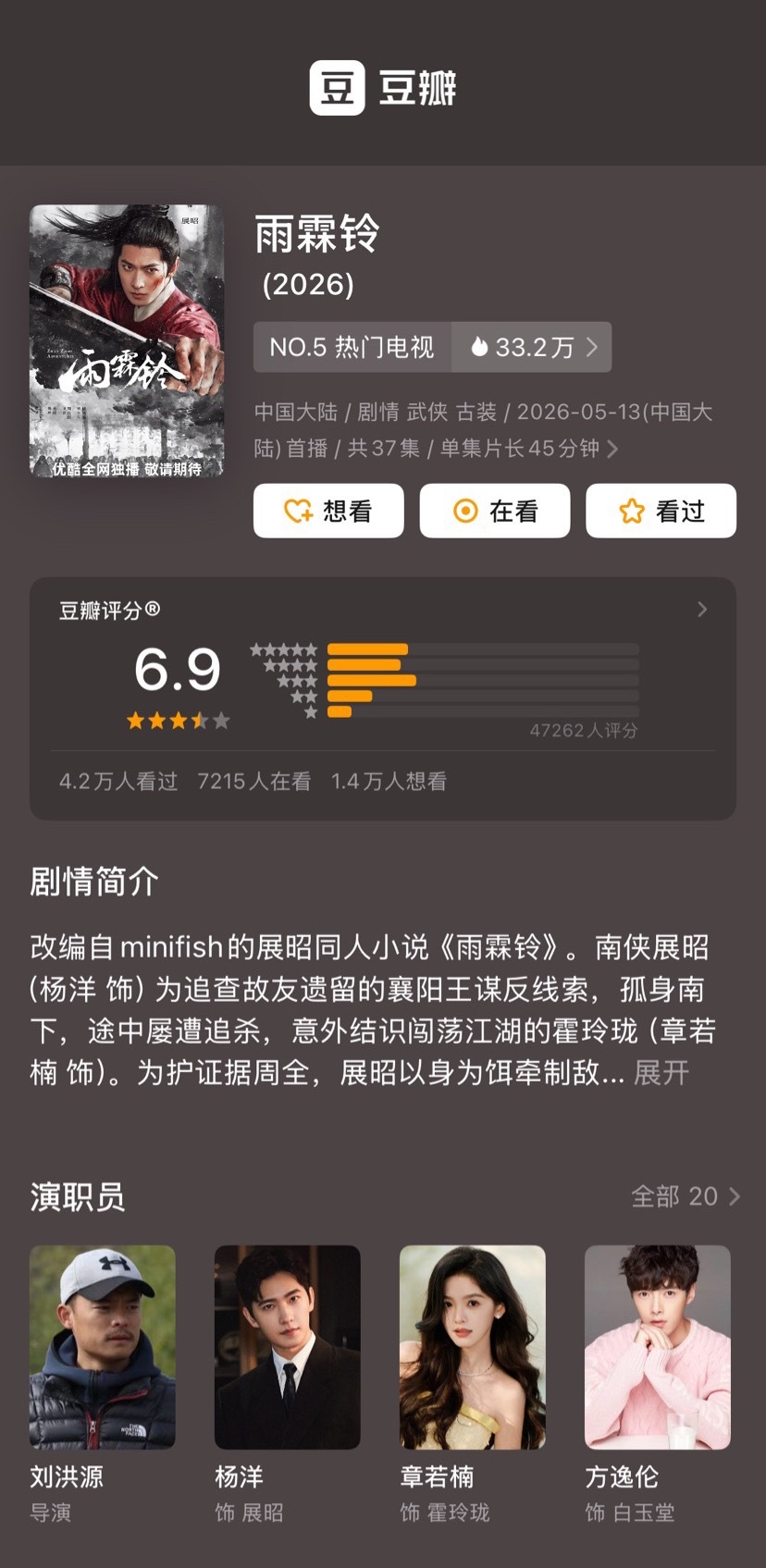 杨洋、章若楠主演剧集《雨霖铃》豆瓣开分6.9，高了还是低了？ 