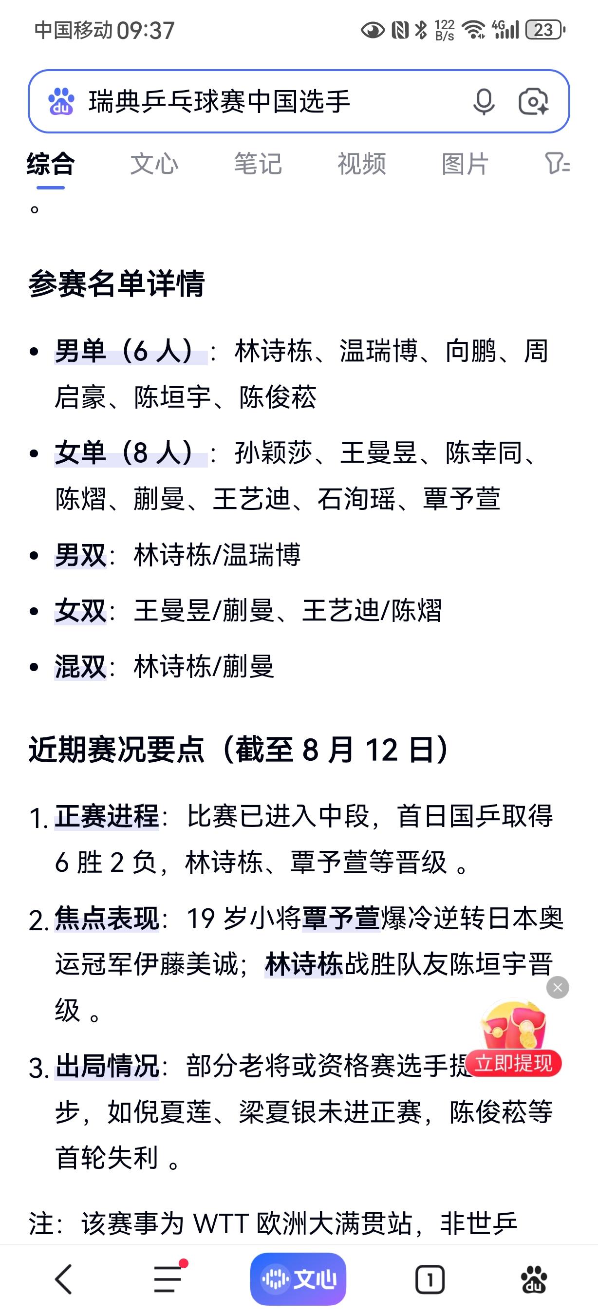 WTT瑞典大满贯赛开始，这次中国还是没有派出绝对主力参赛，这对于中国小将和新手绝