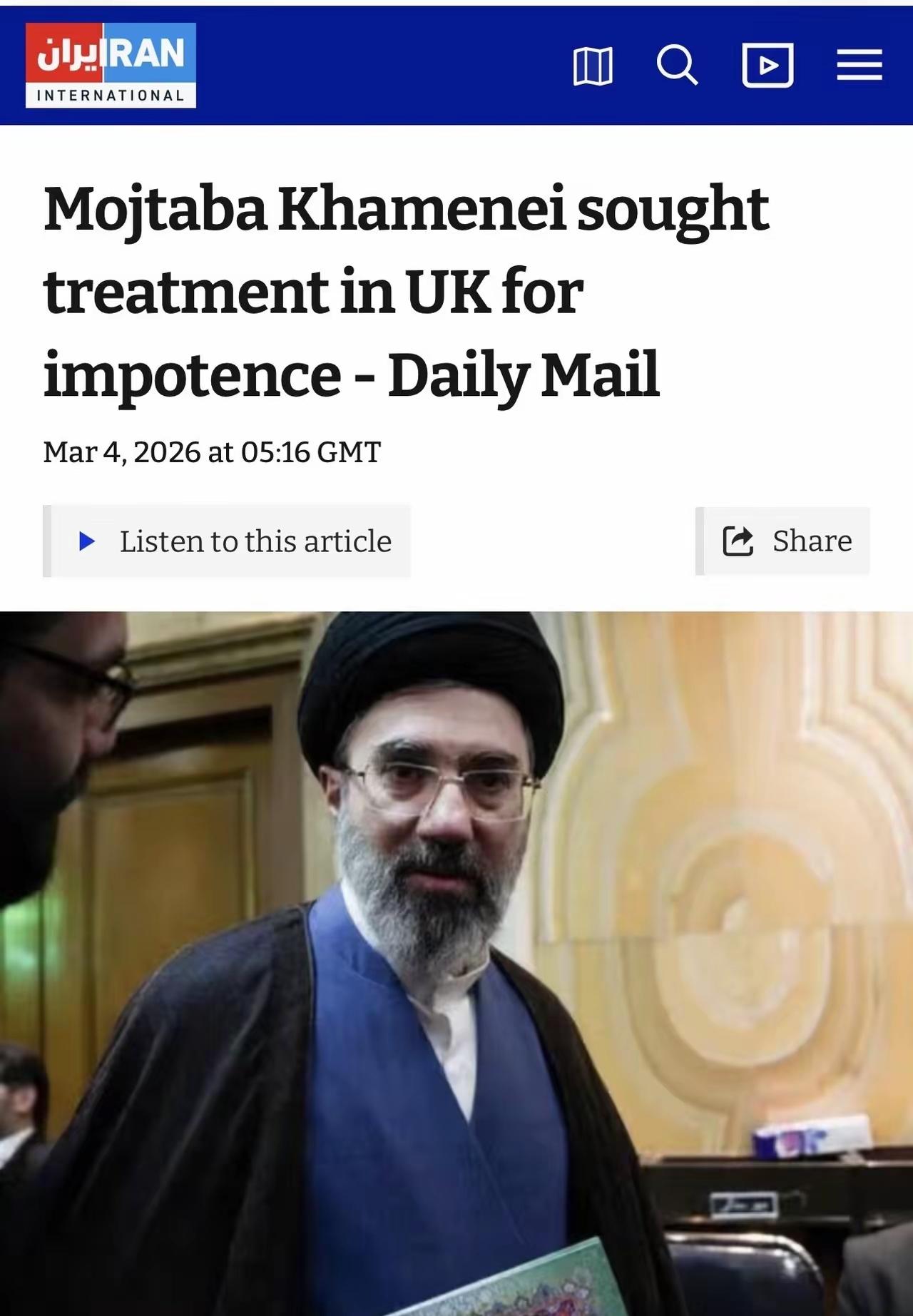 外国媒体说小哈梅内伊到英国治阳痿症4次，本来以为他们是造谣，就跟说巴沙尔和女助理