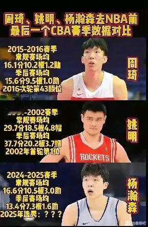 中国三大球星去NBA之前的一个赛季。

姚明独一档，常规赛29.7分，季后赛37