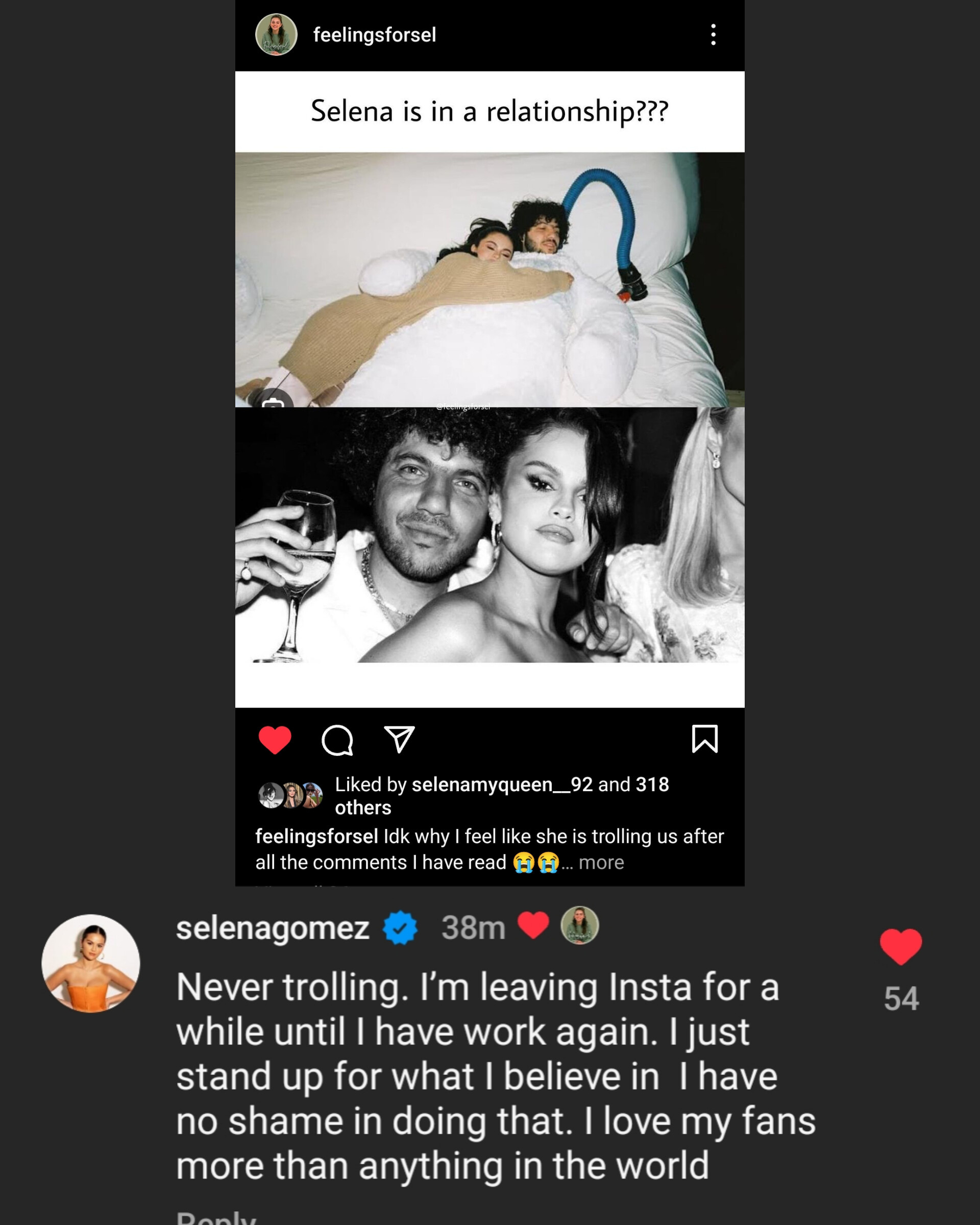 傻脸娜官宣随即退网#赛琳娜退网#赛琳娜在ig上回复粉丝：“我没溜粉，我要退出ig