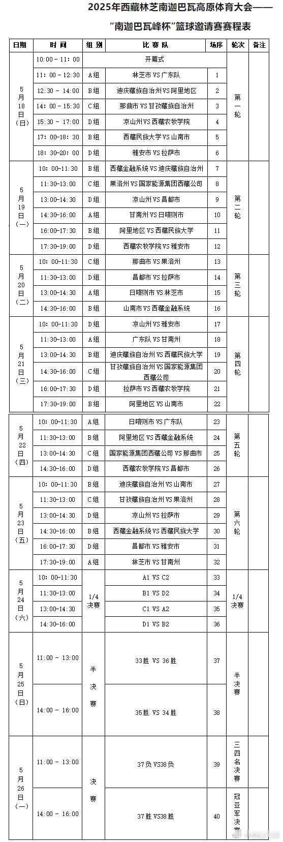 2025“南迦巴瓦峰杯”篮球邀请赛赛程表来啦~西藏文旅资讯 2025年西藏林芝 