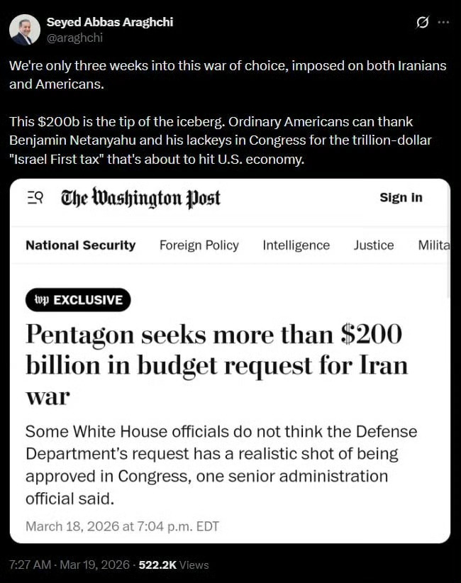 伊朗外交部长阿拉格希：这场强加于伊朗人和美国人双方的选择性战争，开打才刚三周。这