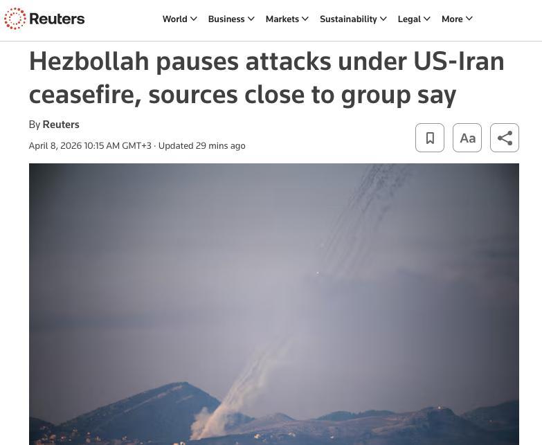 据路透社报道，随着美伊宣布临时停火，黎巴嫩真主党已暂停对以色列的袭击行动，消息来