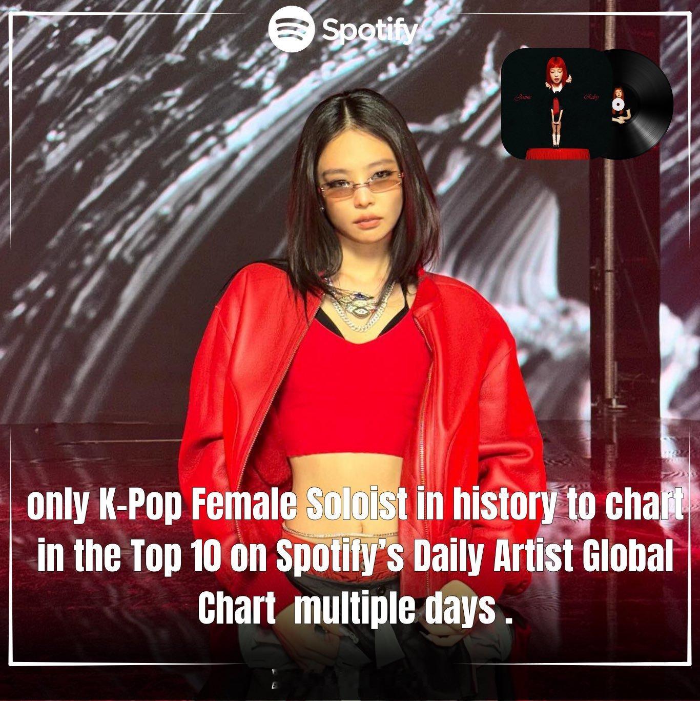 JENNIE 成为历史第1️⃣且唯1️⃣多日进入🌎Spotify全球艺人日榜T