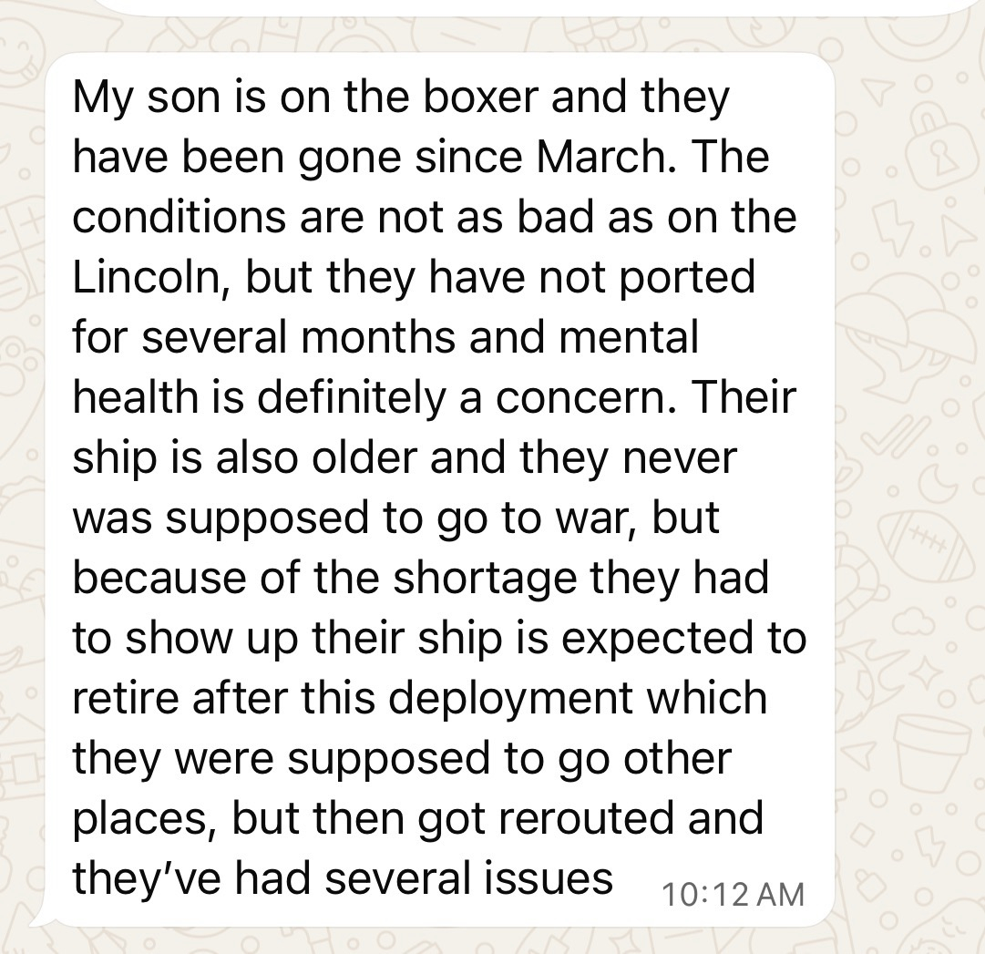 美国军队的心理健康恶化不仅仅是林肯号航母上的问题，这是该地区各艘舰船上的问题。以