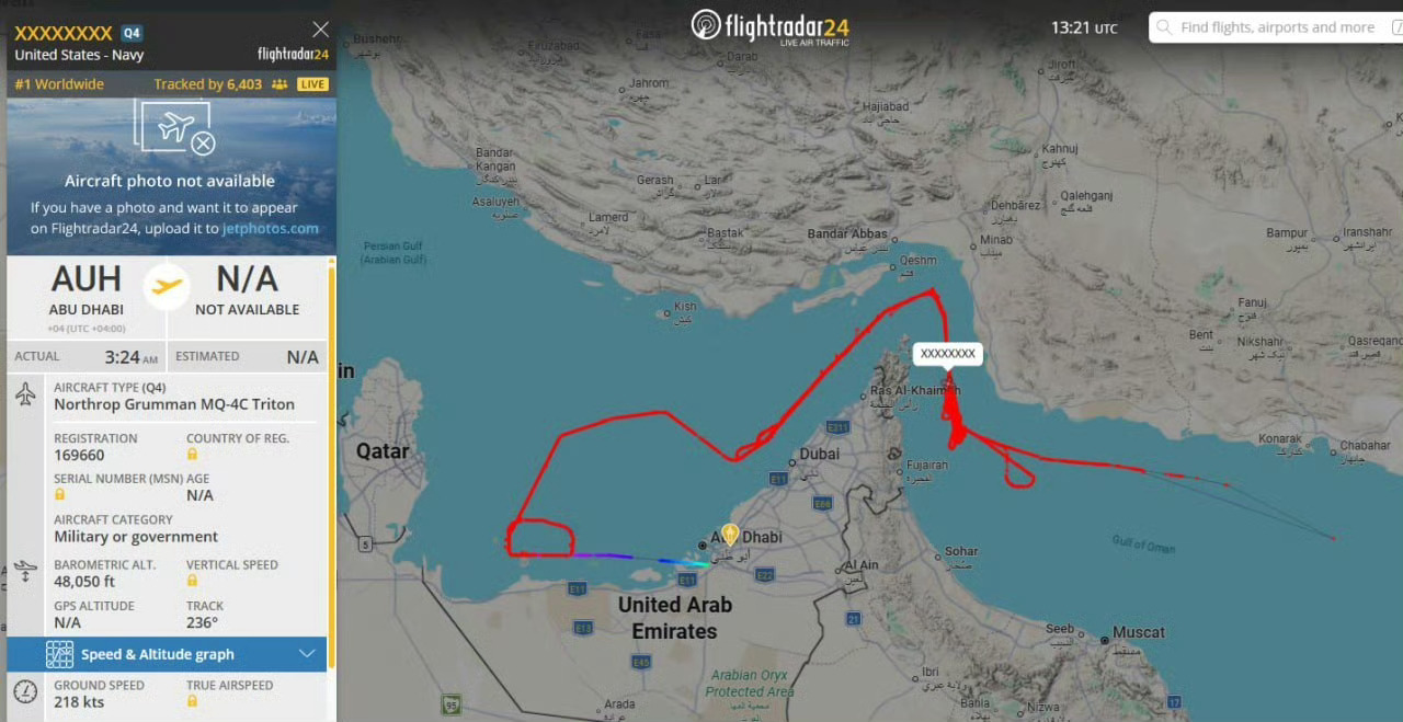 （图一）一架伊朗无人机再次在阿曼湾活动，对“亚伯拉罕·林肯”号航母打击群进行侦察