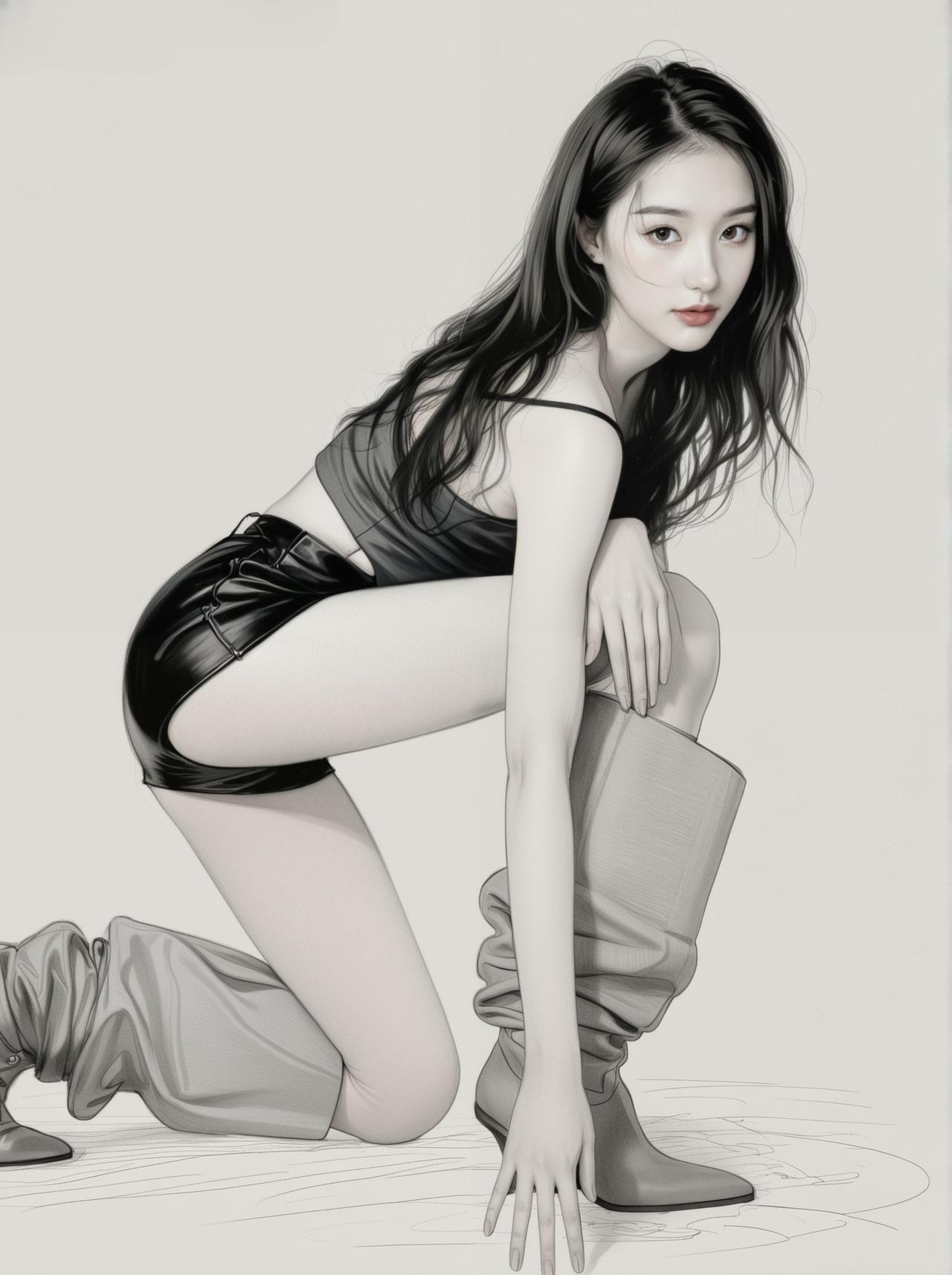 黑衣美人，弯腰凝视。