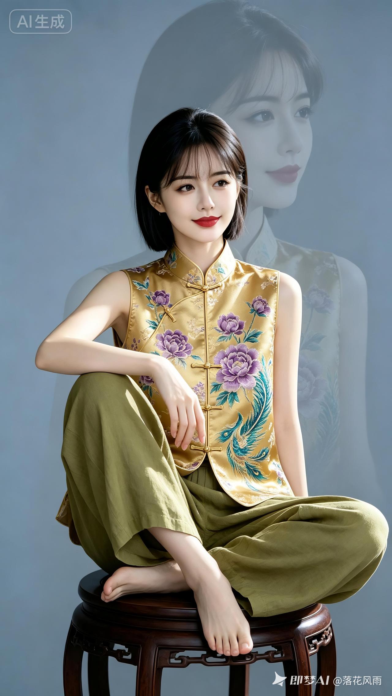 齐耳短发女子着织锦新中式马甲盘坐木凳，浅灰墙叠虚化侧影，室内顺光通透，面料肌理与