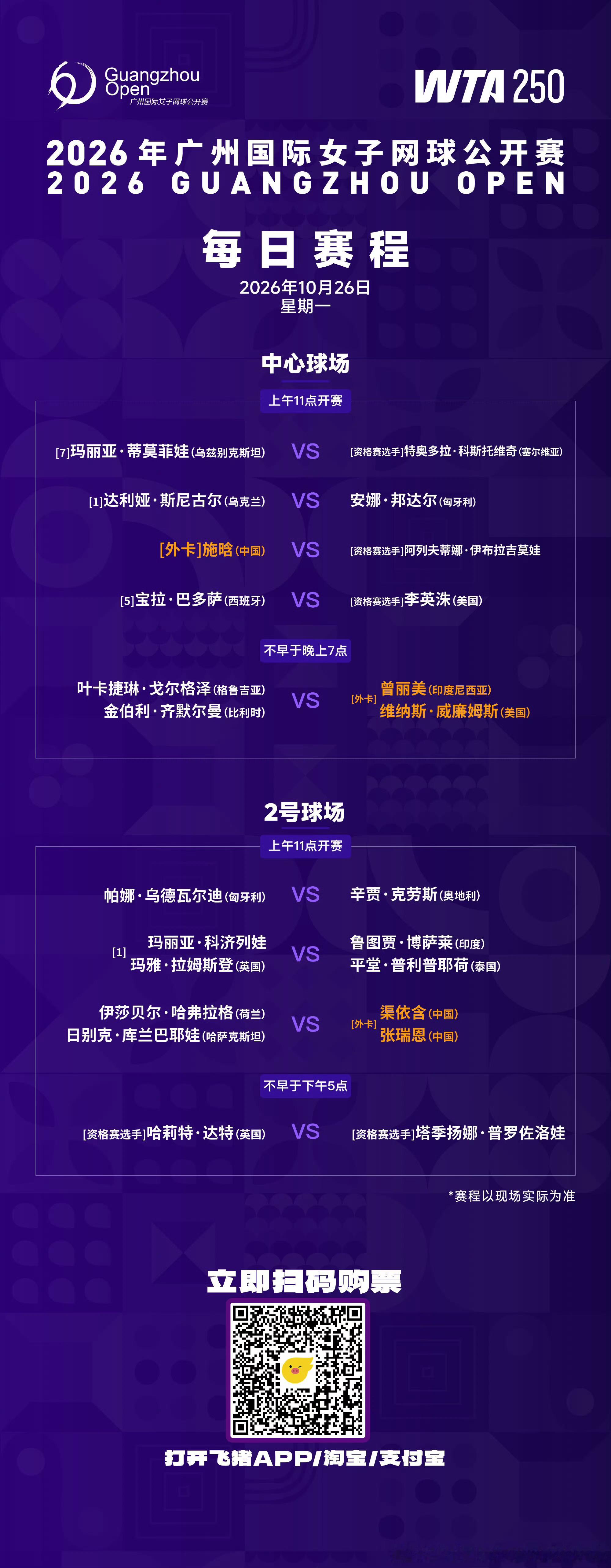 广网2026  10月26日赛程出炉，女单与女双正赛首轮开打，头号种子斯尼古尔、