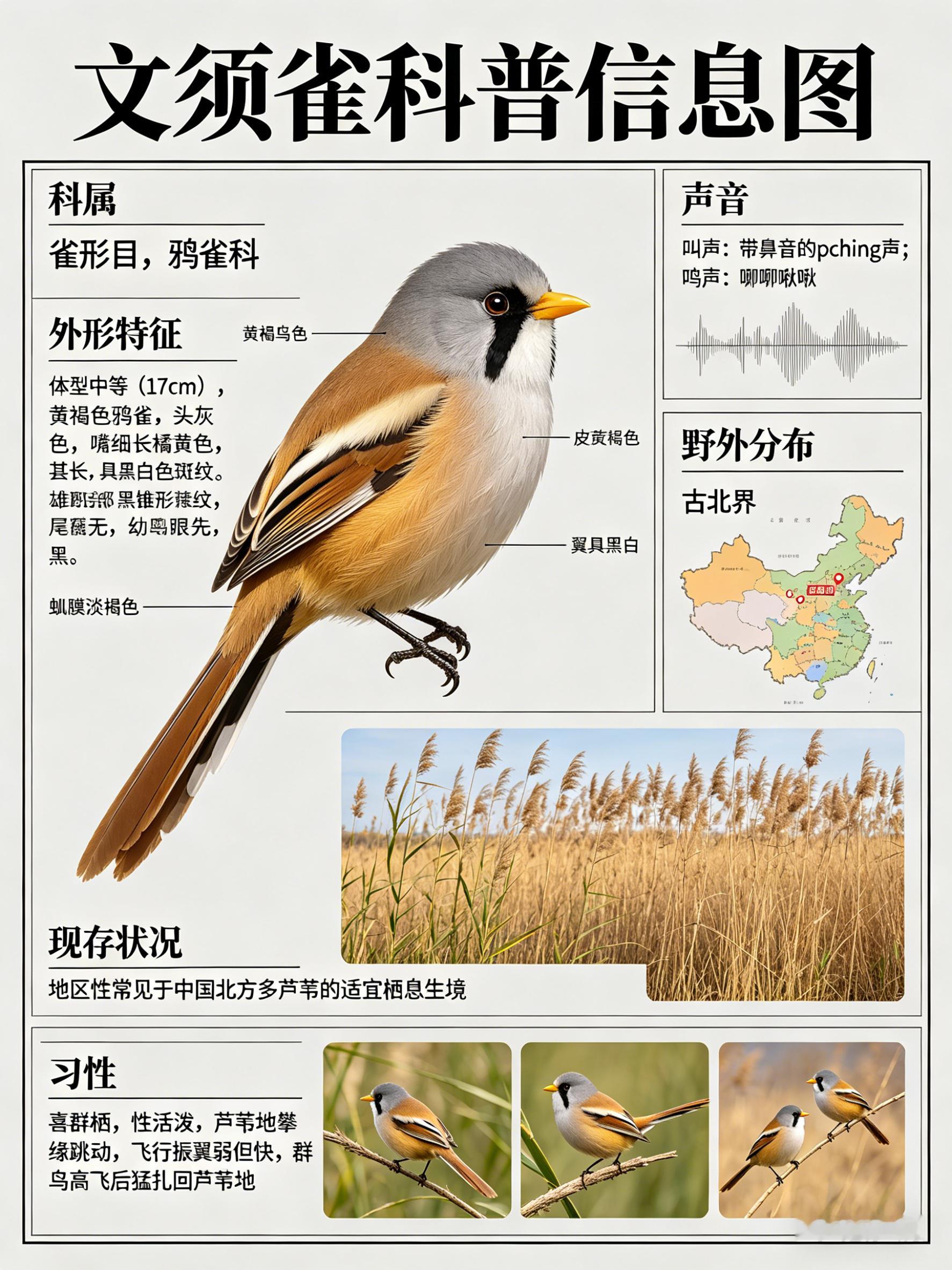 鸟类朋友图鉴 文须雀·科属：雀形目，鸦雀科。·外形特征：体型中等（17cm）而嘴