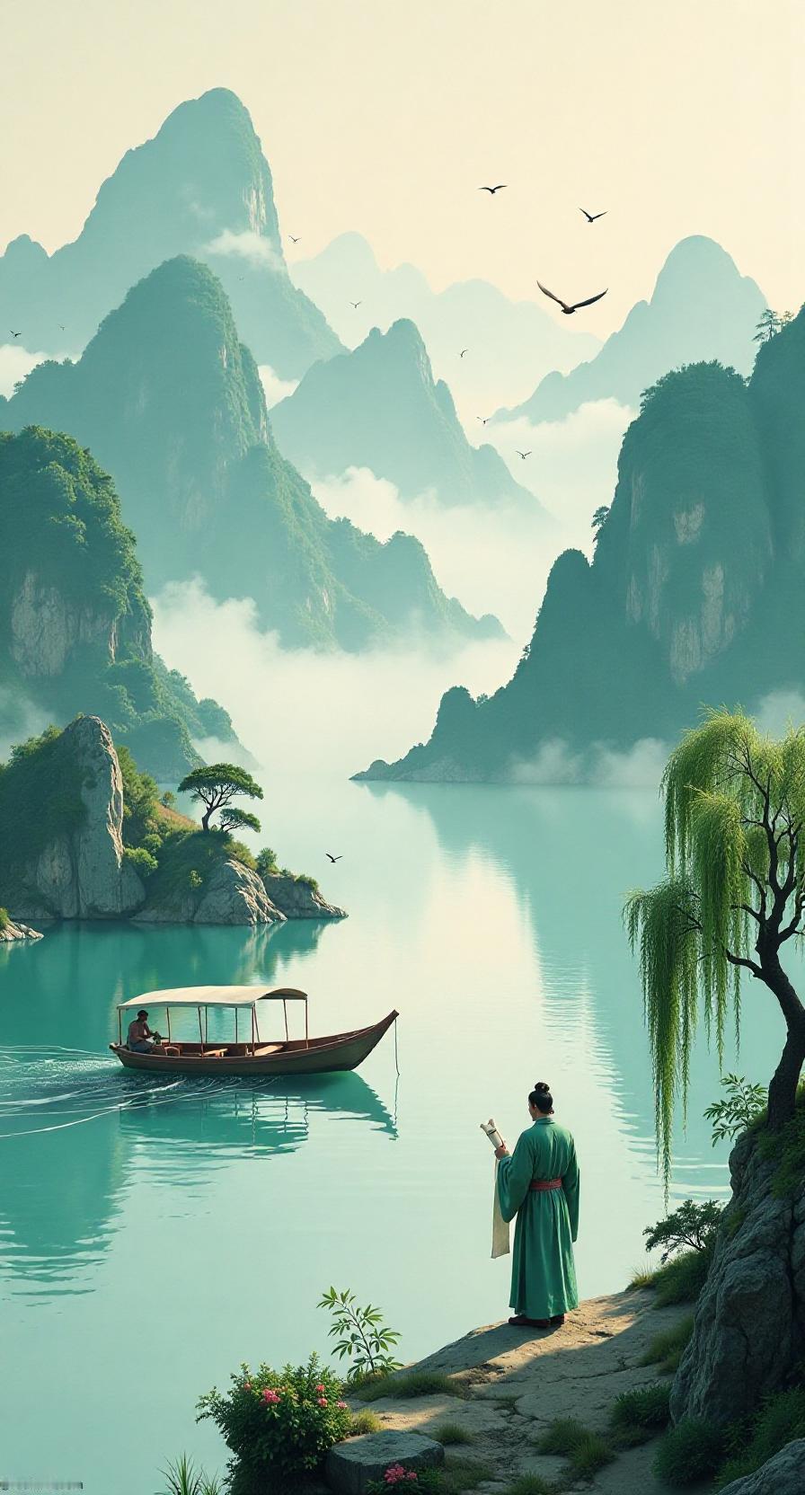 云卷千峰色，
江流万里声。