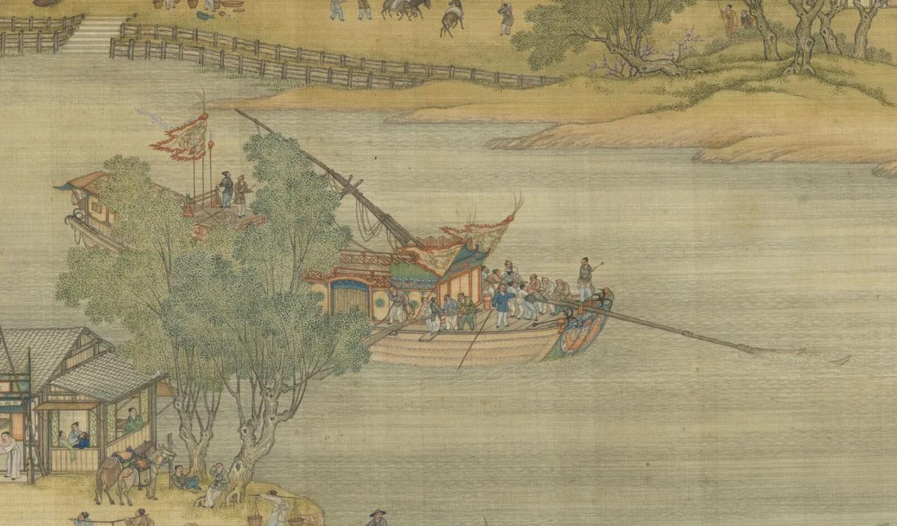 清院本《清明上河图》中的官船出行编队。清院本《清明上河图》由清代乾隆朝宫廷画师陈