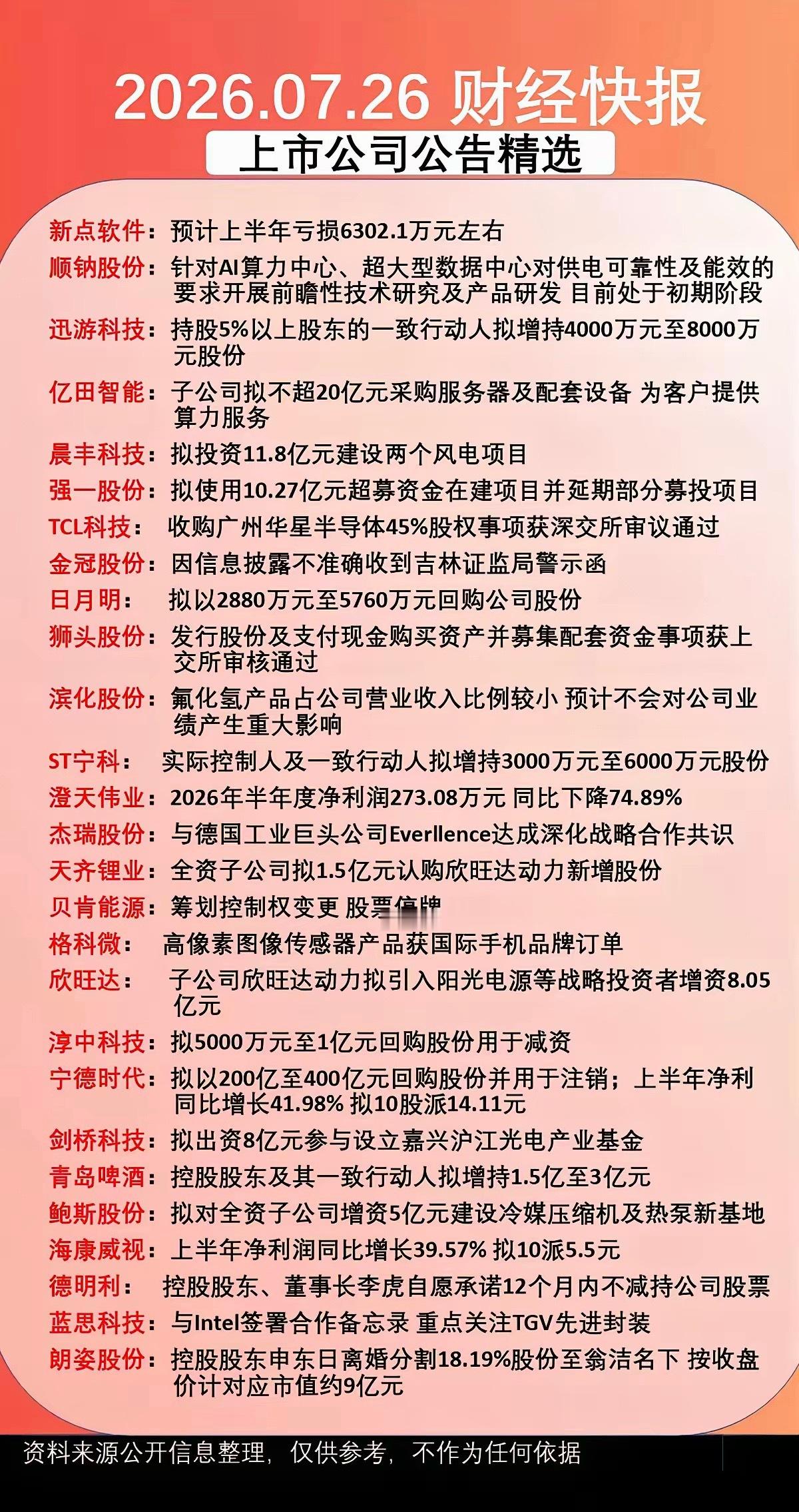 7.26周末  上市公司公告+财经快报！ 