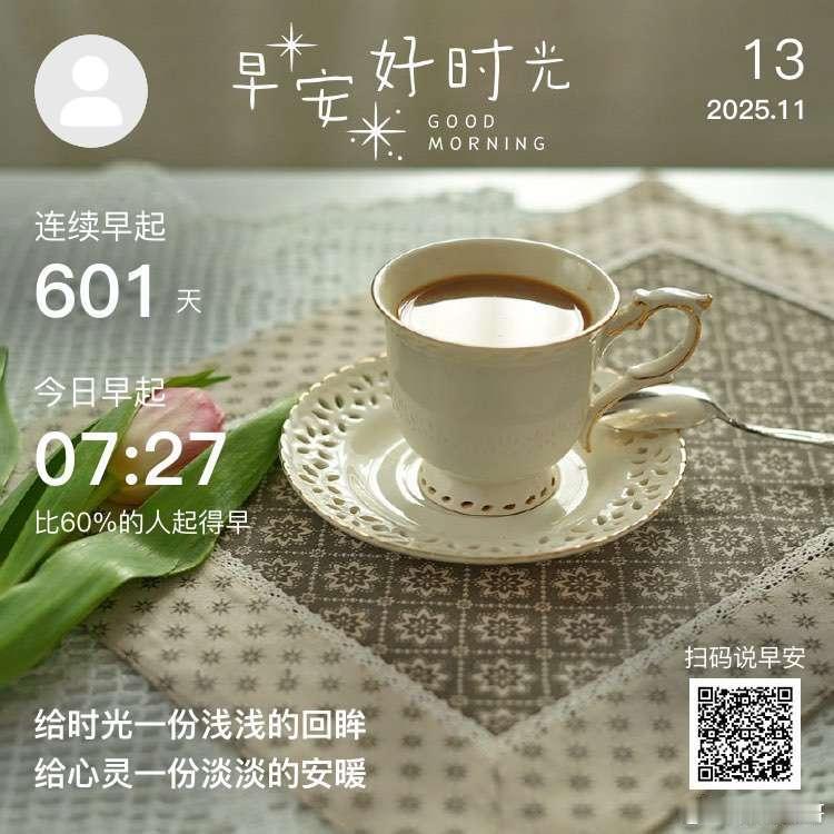 早安，你已连续早起打卡601天，昨晚睡了9小时5分钟。不期待突如其来的好运，只希