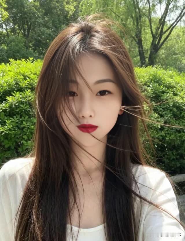 阳光下的少女，红唇与绿意相映成趣。