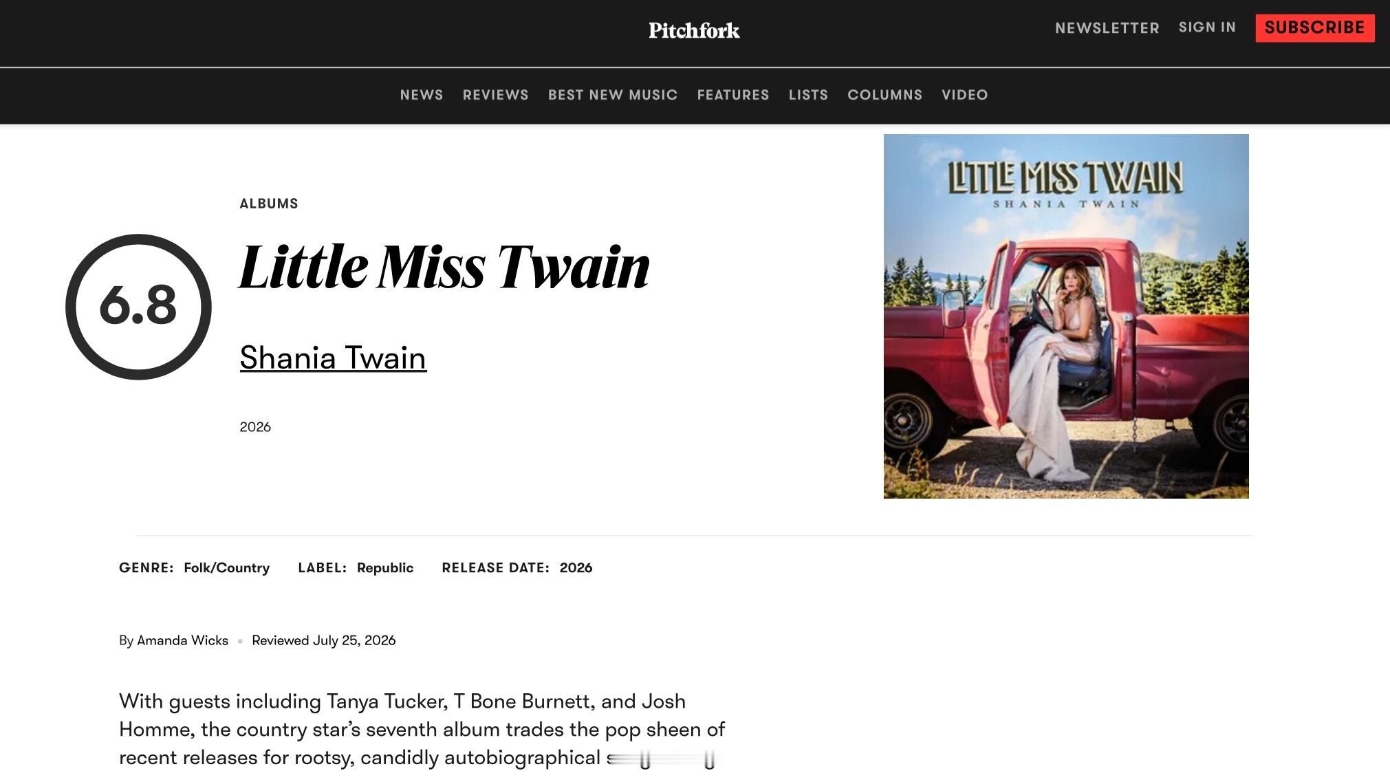 【乐评历史】乐评机构 Pitchfork 为 Shania Twain 各专辑评