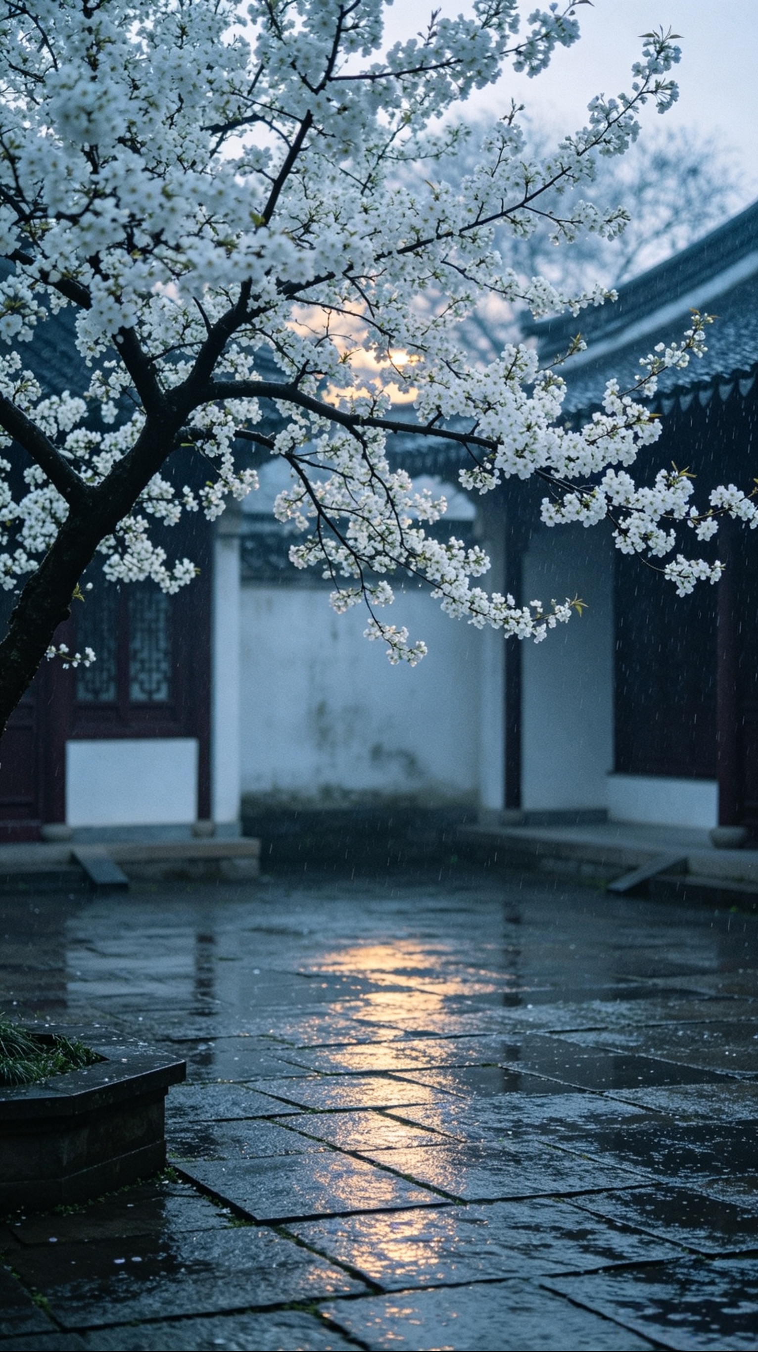阴雨暮色漫过古院，梨花簌簌铺了满地，干净纯粹的情意，终随落雨消散无踪。 