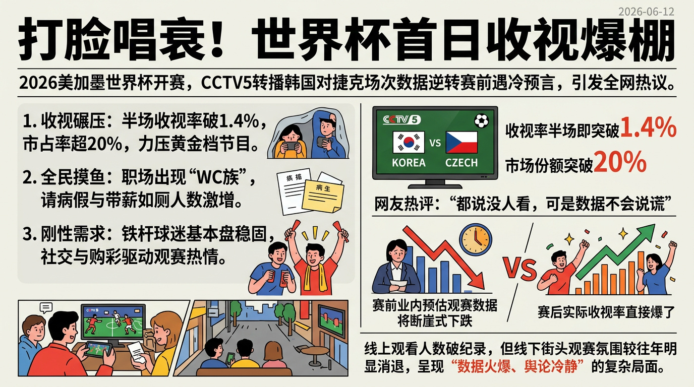 世界杯在中国的收视率爆了2026美加墨世界杯开赛首日，CCTV5转播韩国对阵捷克