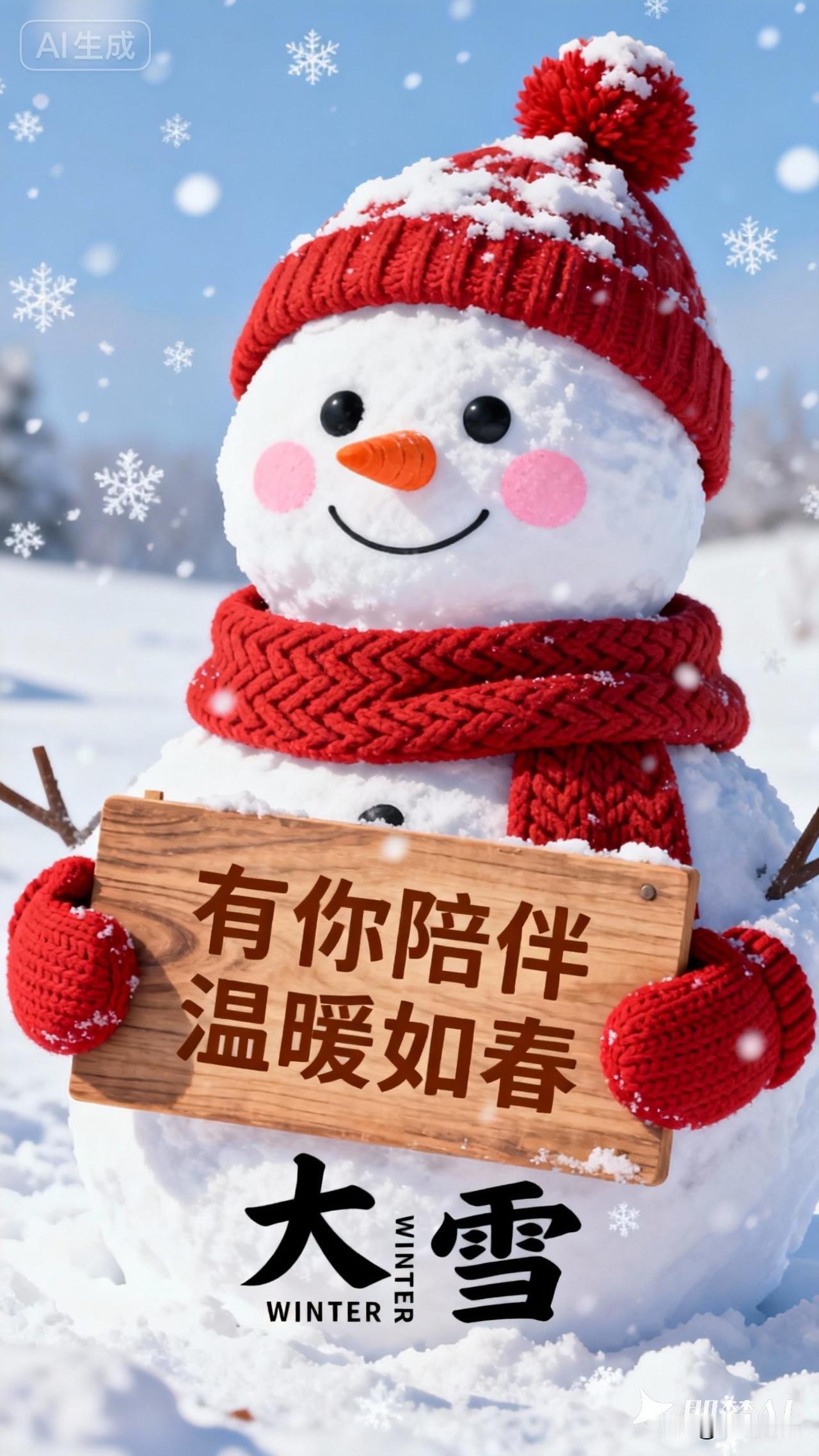 大雪时节，童趣与温情在雪人手中的木牌上悄然定格。“有你陪伴 温暖如春”——这简单